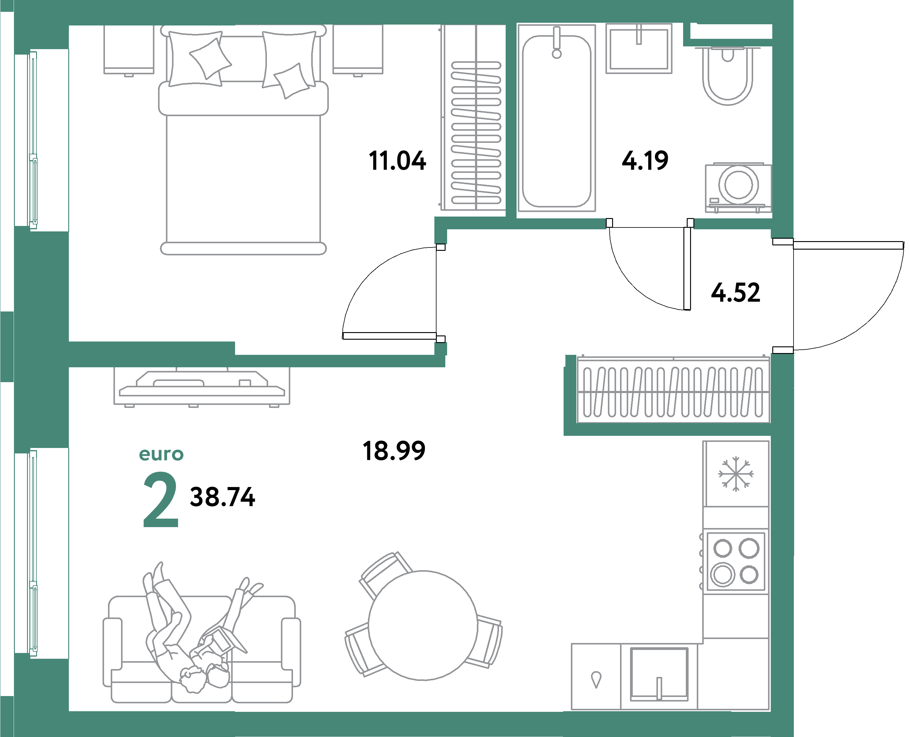 ЖК "Остров-сад"-2-комнатная 38.74 м²