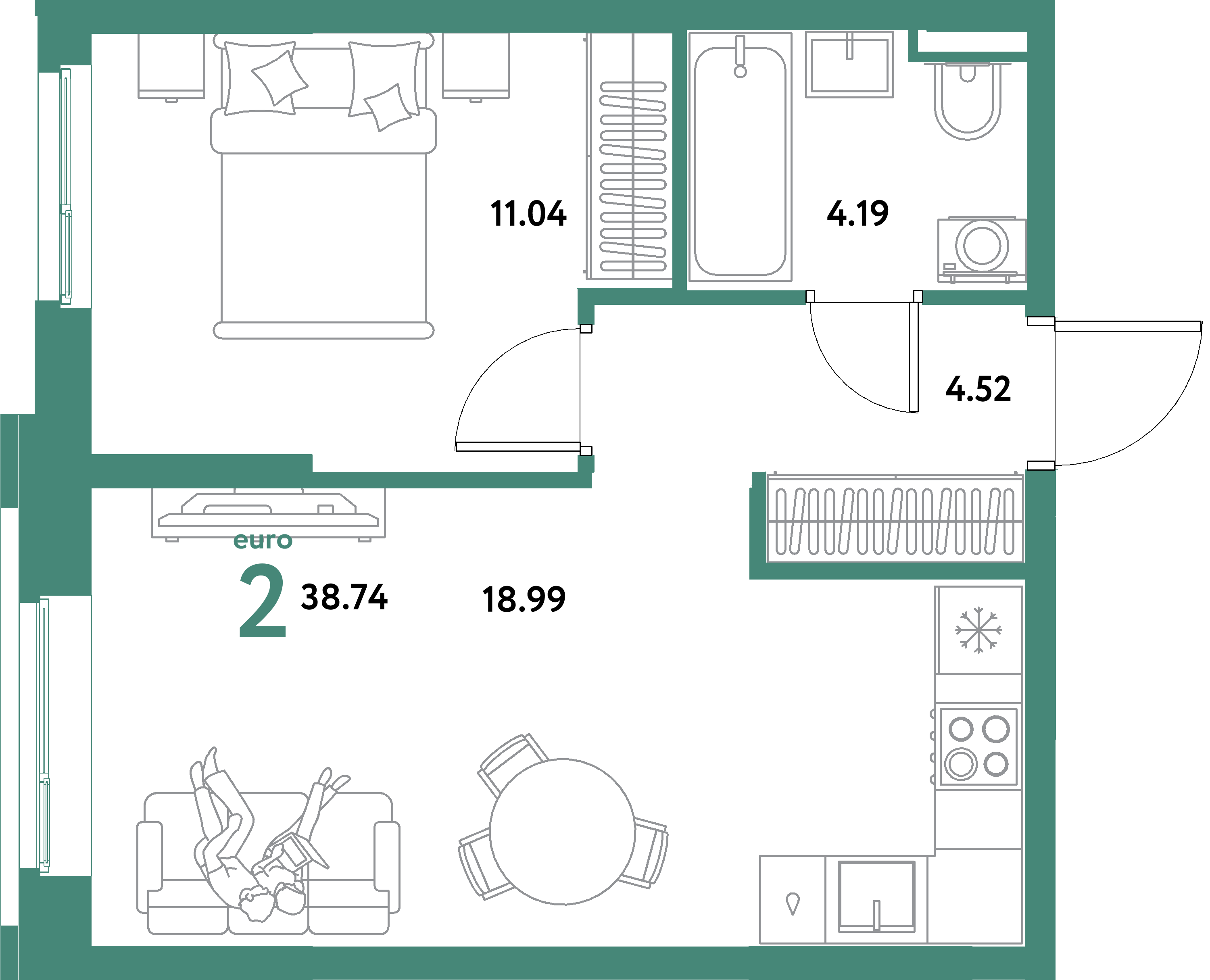 ЖК "Остров-сад"-2-комнатная 38.74 м²