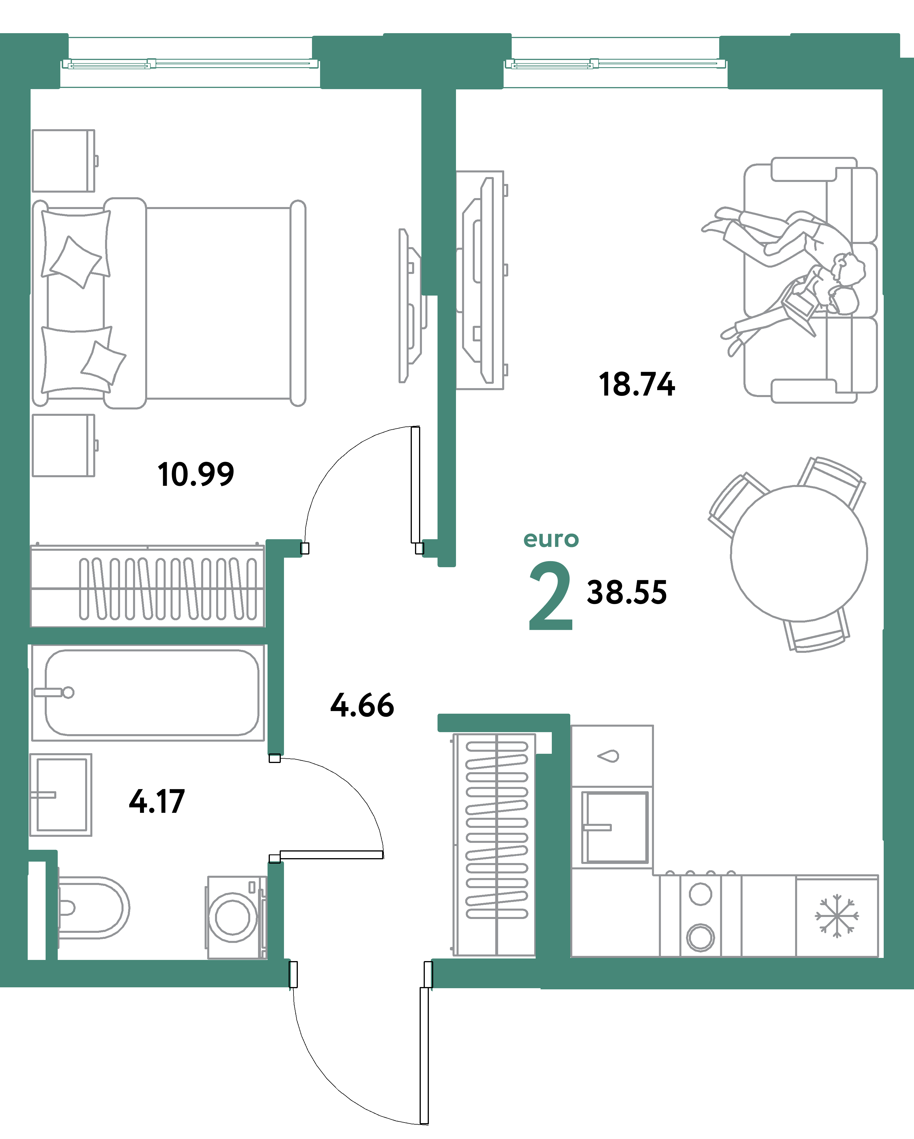 ЖК "Остров-сад"-2-комнатная 38.55 м²