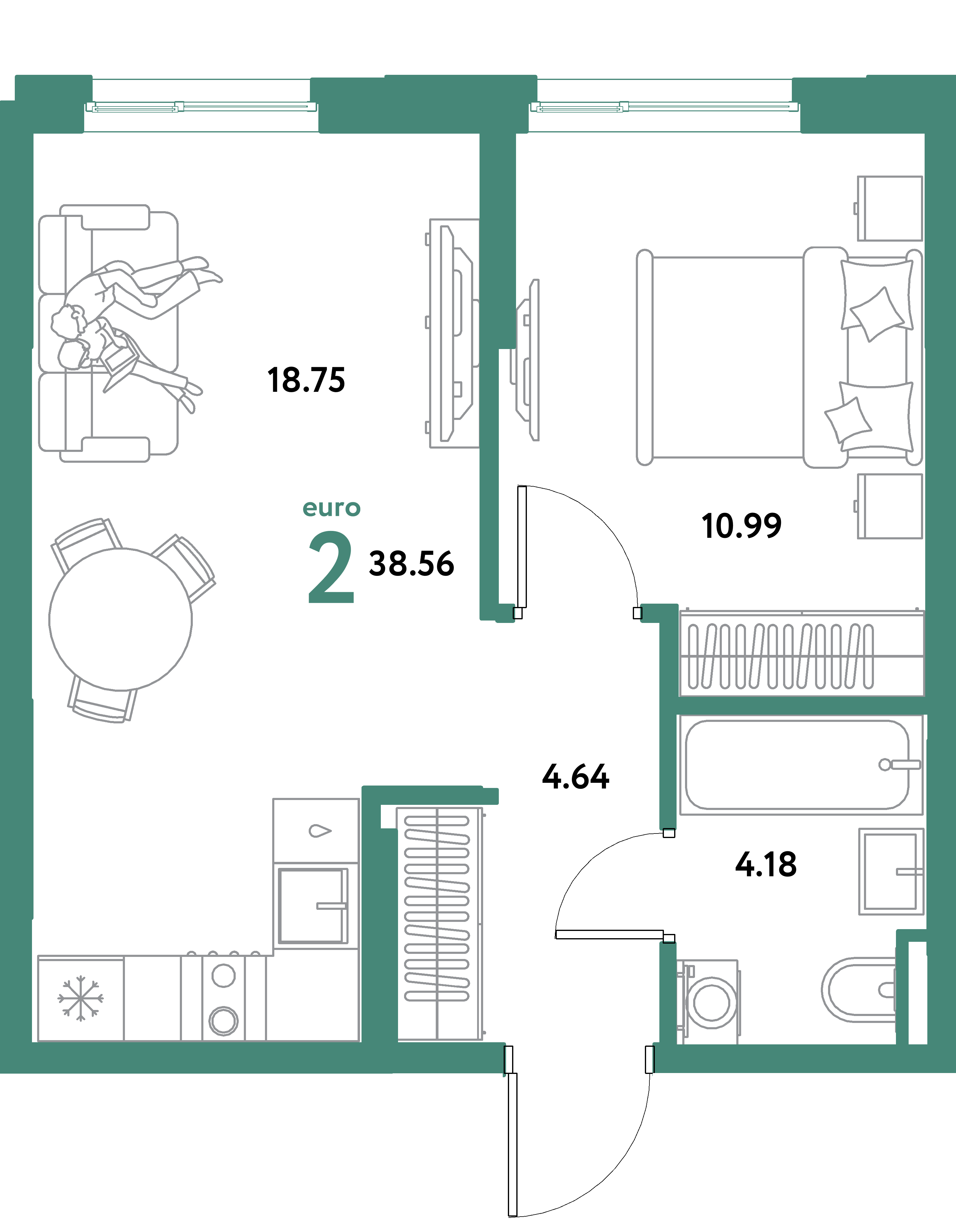 ЖК "Остров-сад"-2-комнатная 38.56 м²