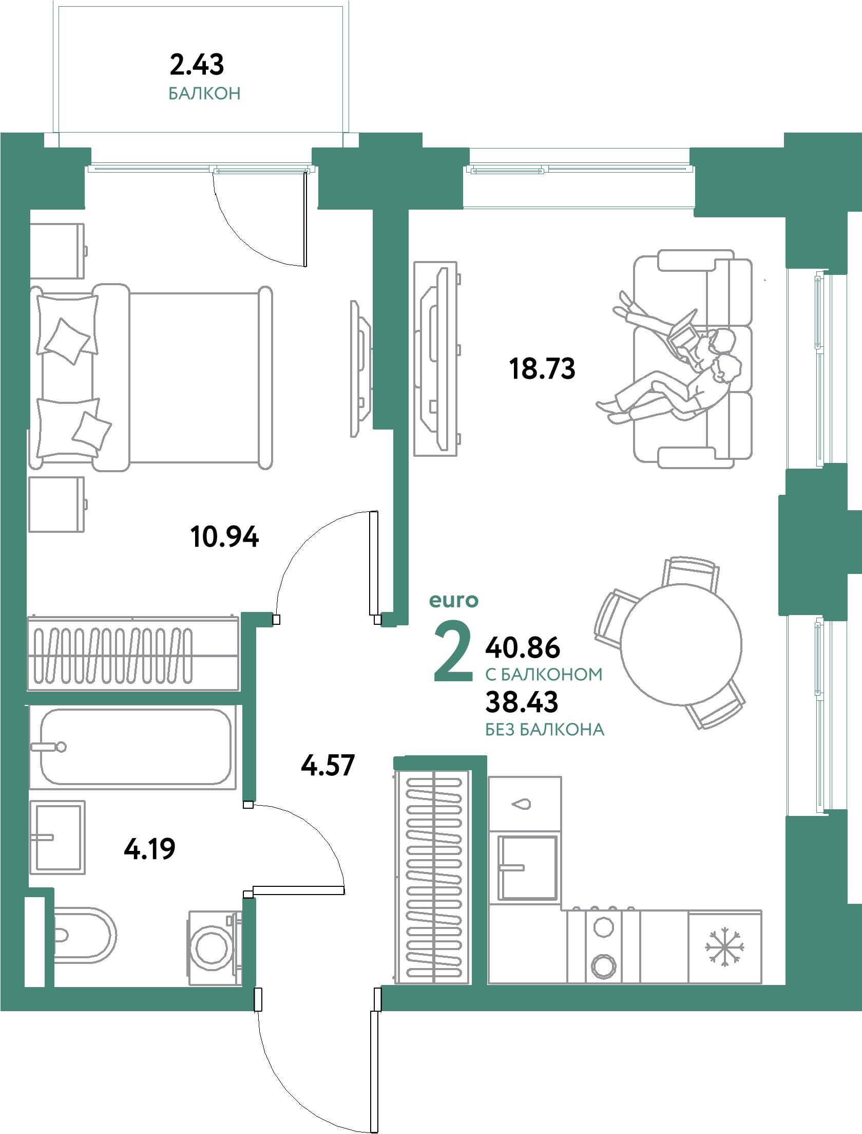 ЖК "Остров-сад"-2-комнатная 40.86 м²