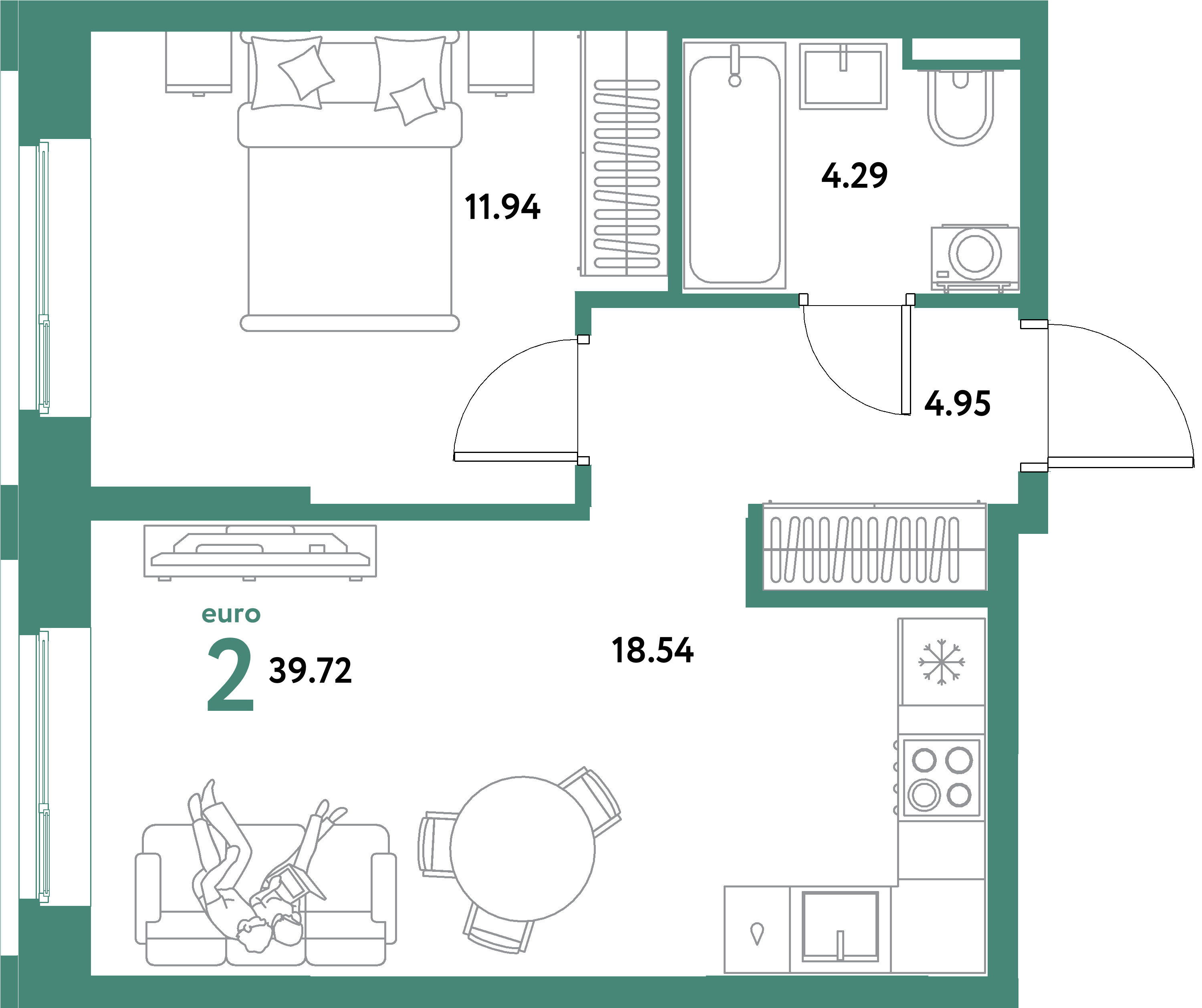 ЖК "Остров-сад"-2-комнатная 39.72 м²