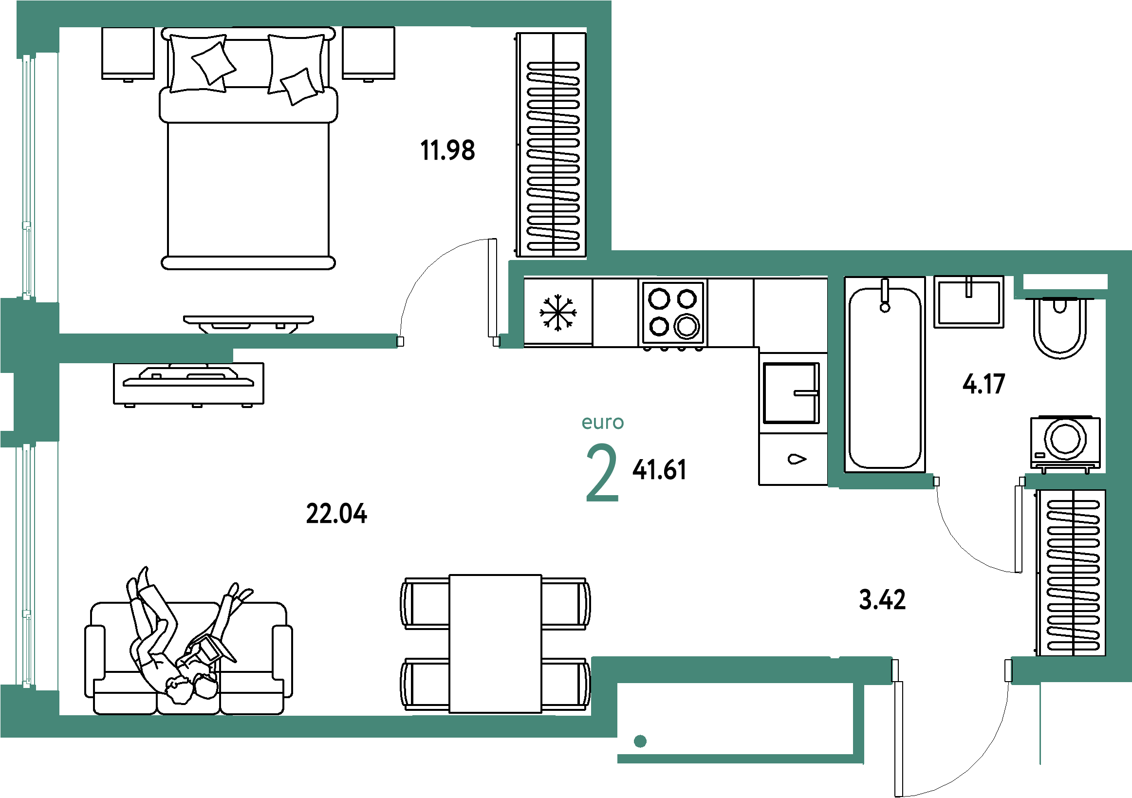 ЖК "Страна.Прибрежная"-2-комнатная 41.61 м²