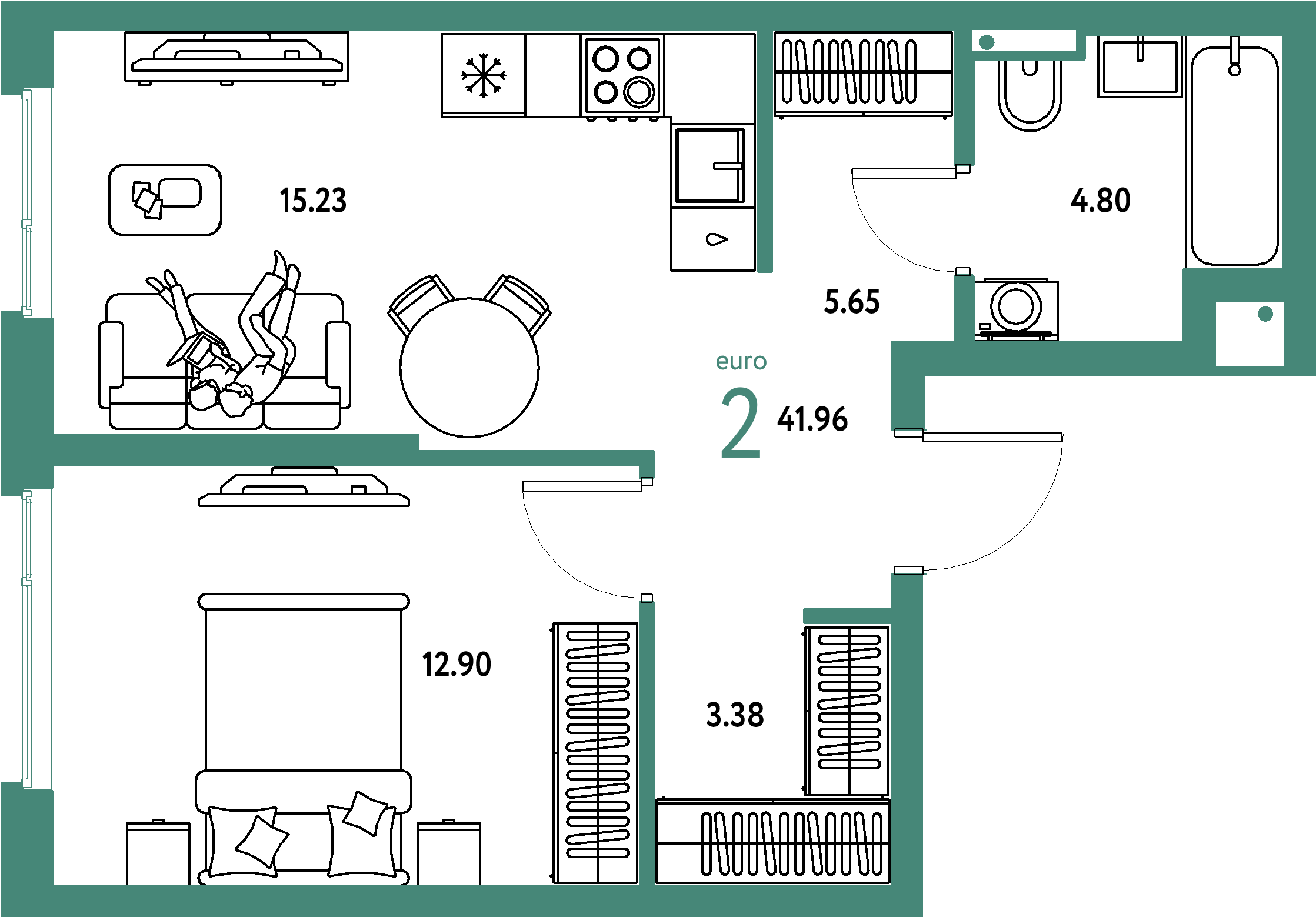 ЖК "Страна.Парковая"-2-комнатная 41.96 м²