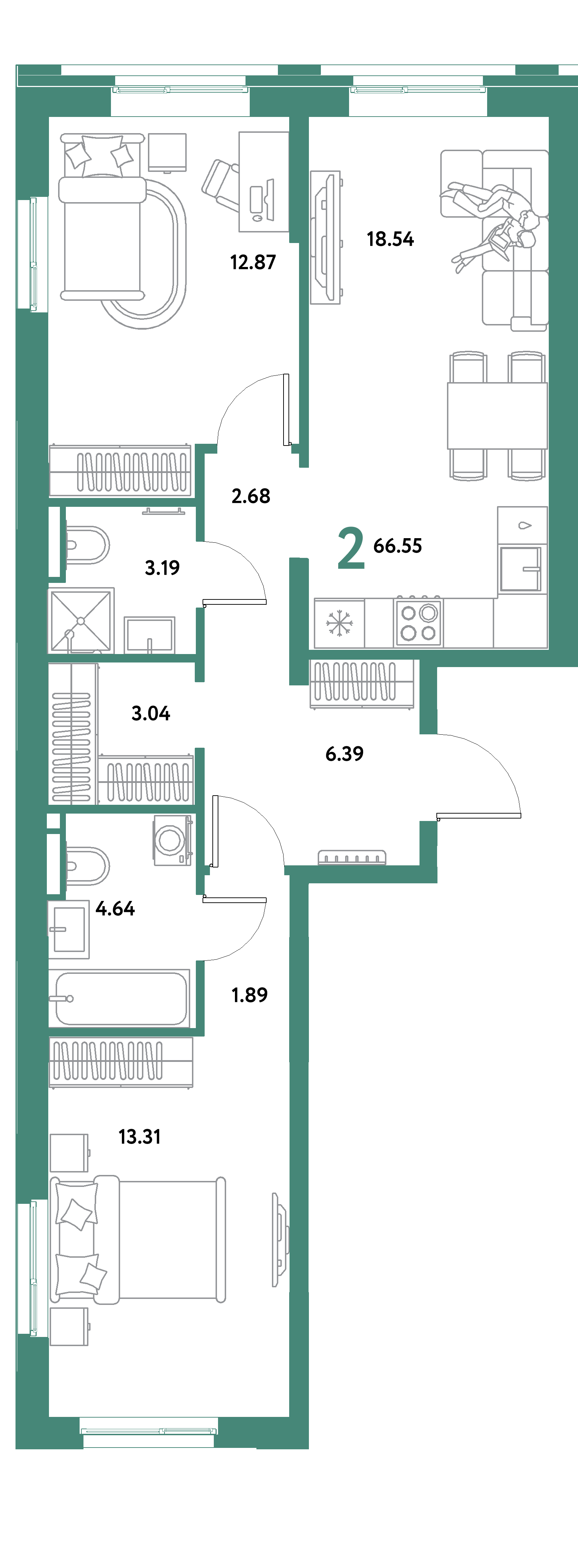 ЖК "Остров-сад"-2-комнатная 66.55 м²