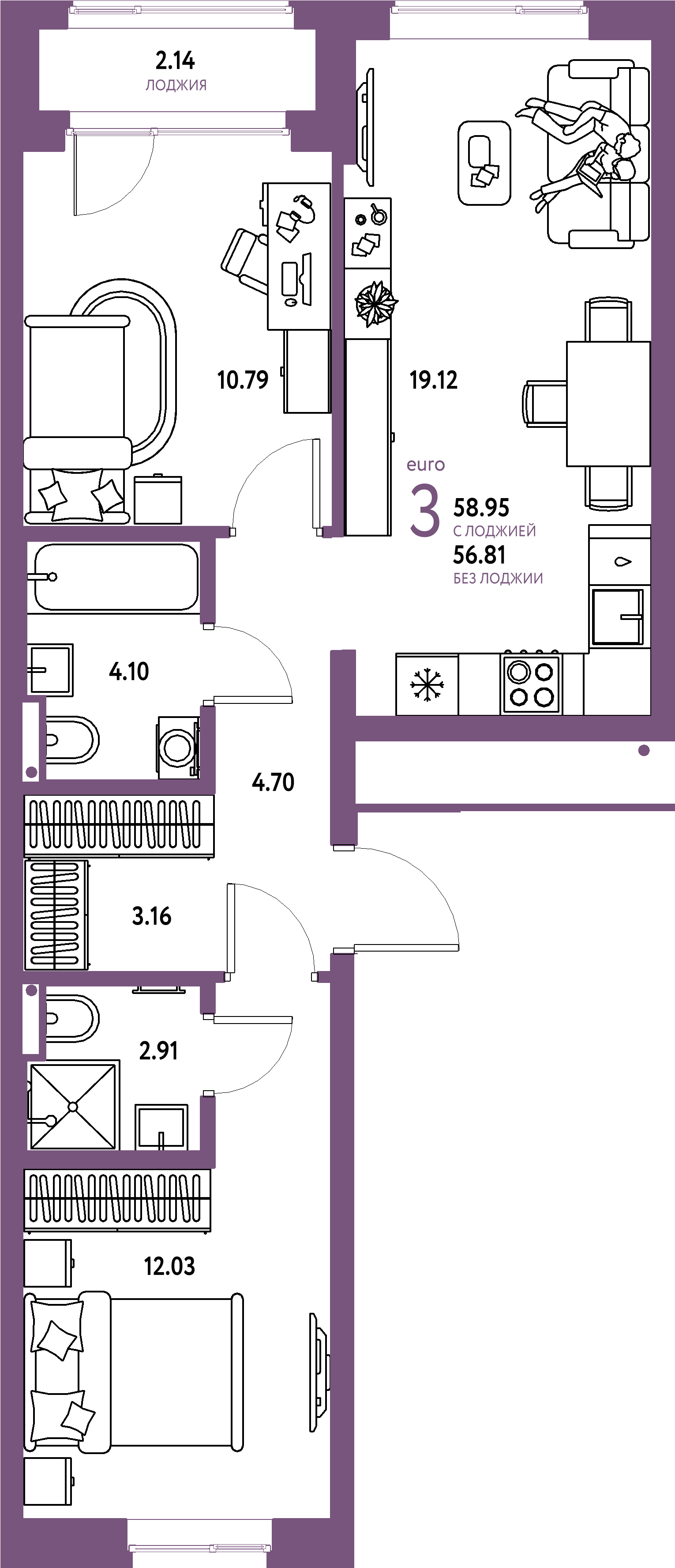 ЖК "Страна.Парковая"-3-комнатная 58.95 м²