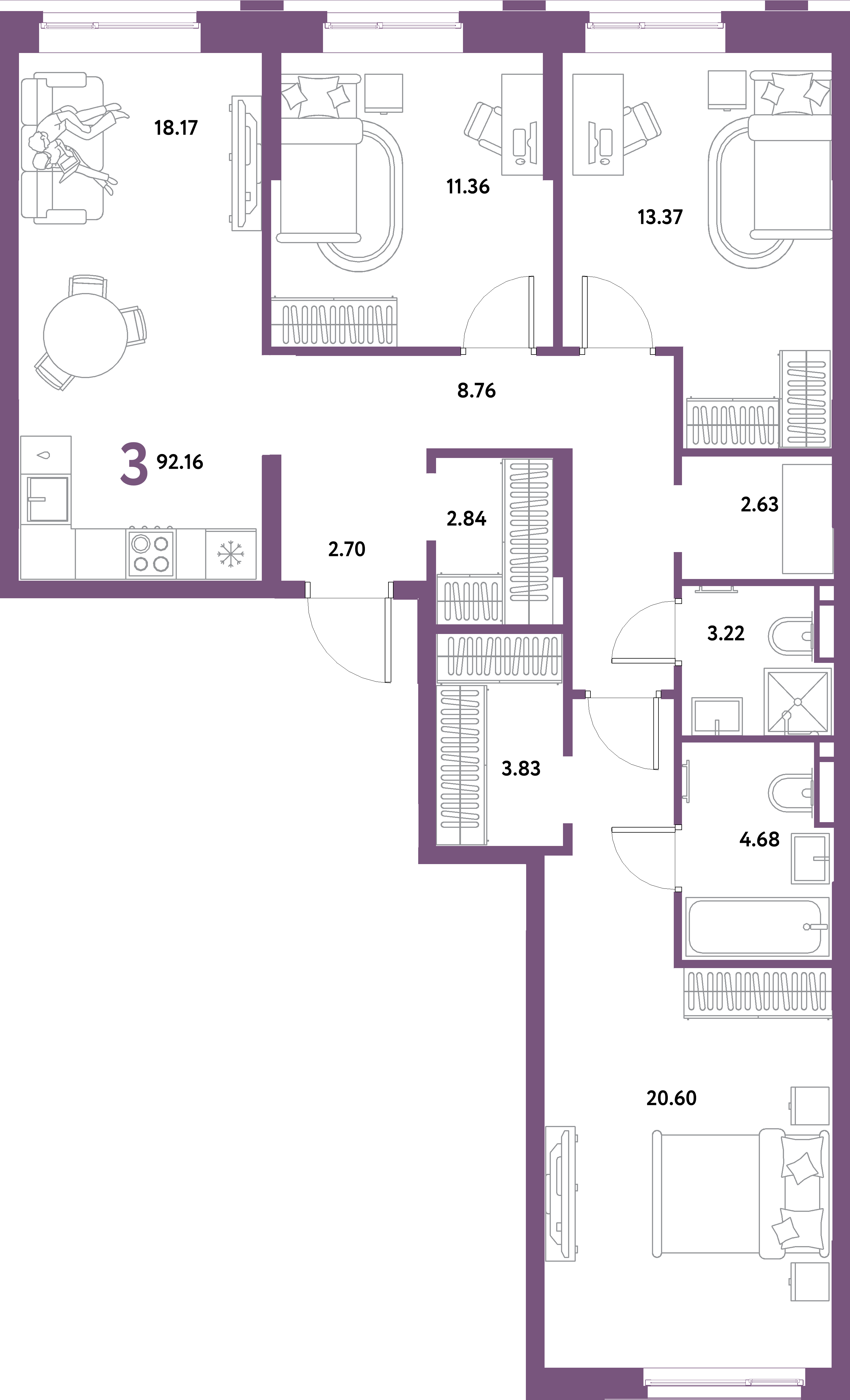ЖК "Остров-сад"-3-комнатная 92.16 м²