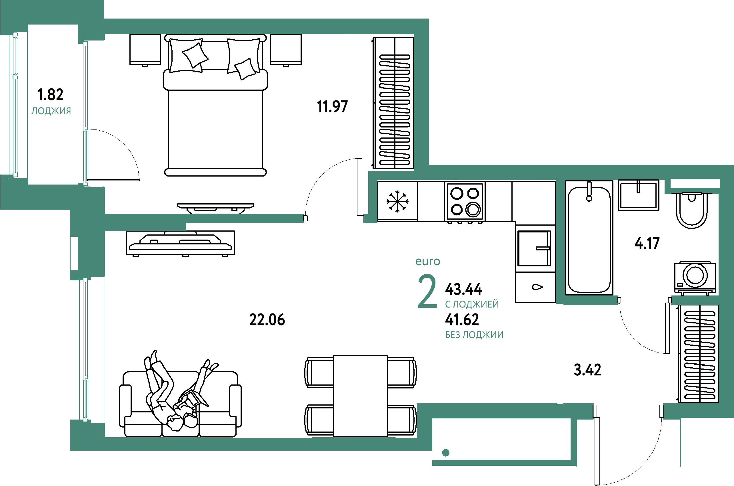 ЖК "Страна.Прибрежная"-2-комнатная 43.44 м²