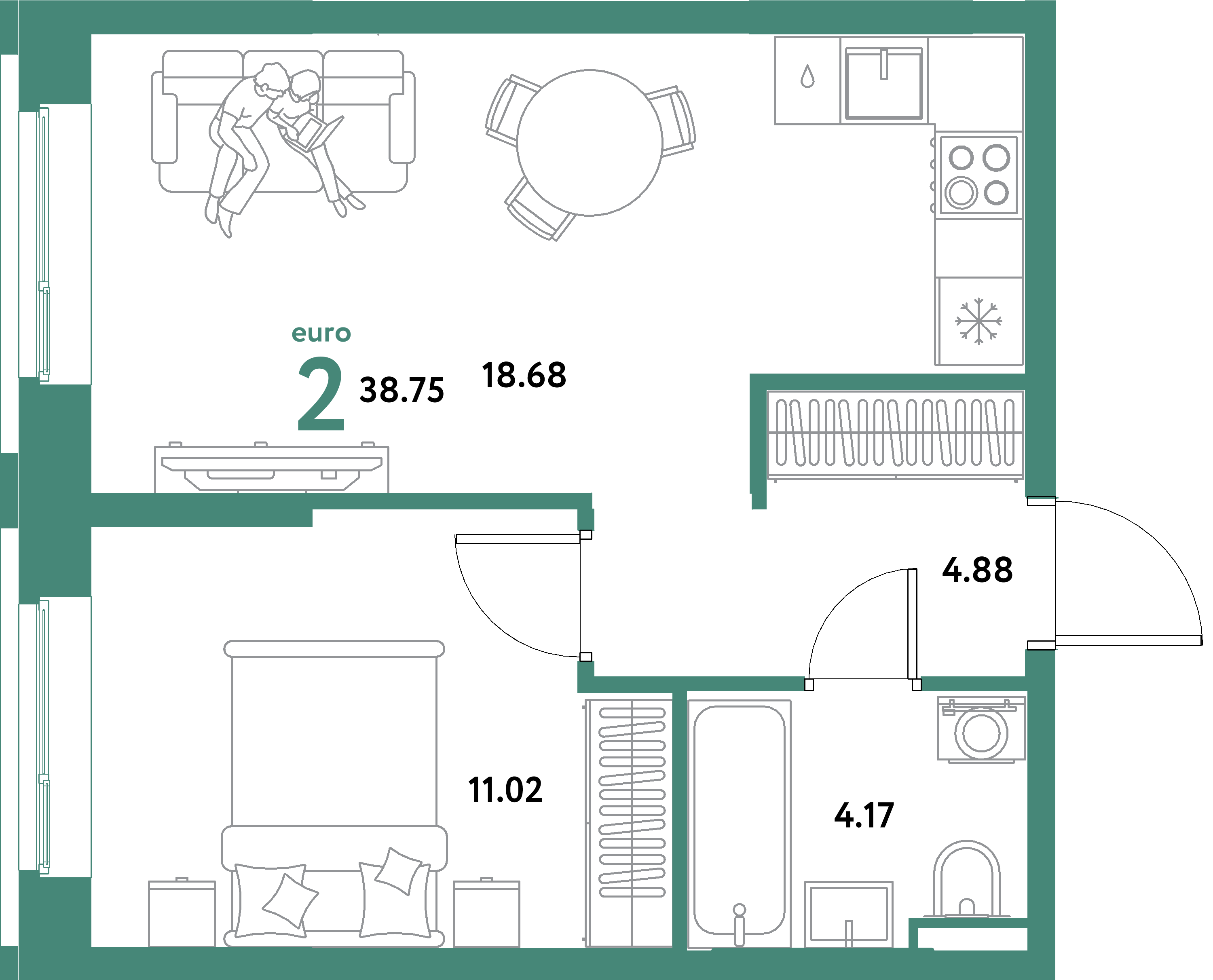 ЖК "Остров-сад"-2-комнатная 38.75 м²