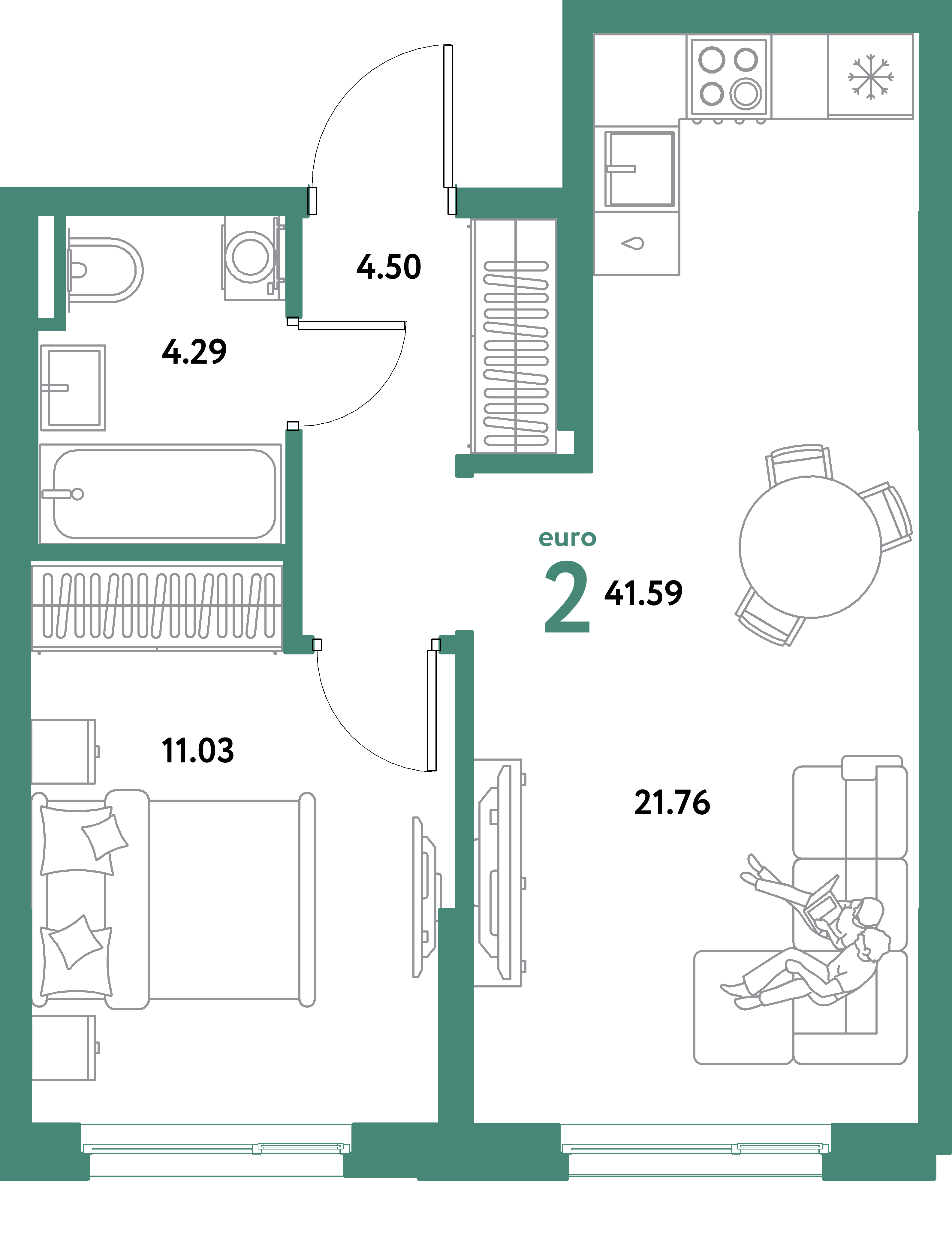 ЖК "Остров-сад"-2-комнатная 41.59 м²