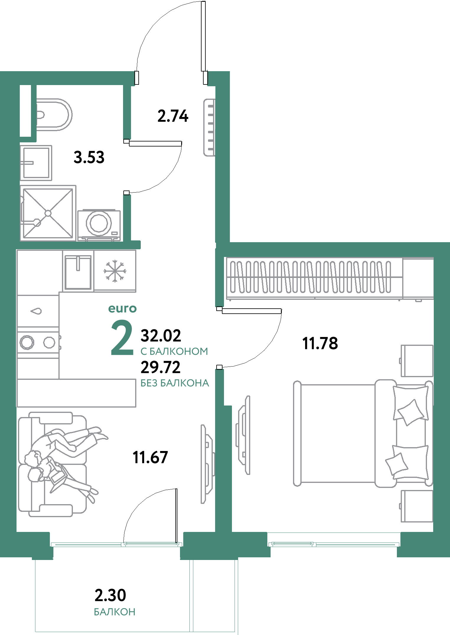 ЖК "Остров-сад"-2-комнатная 32.02 м²