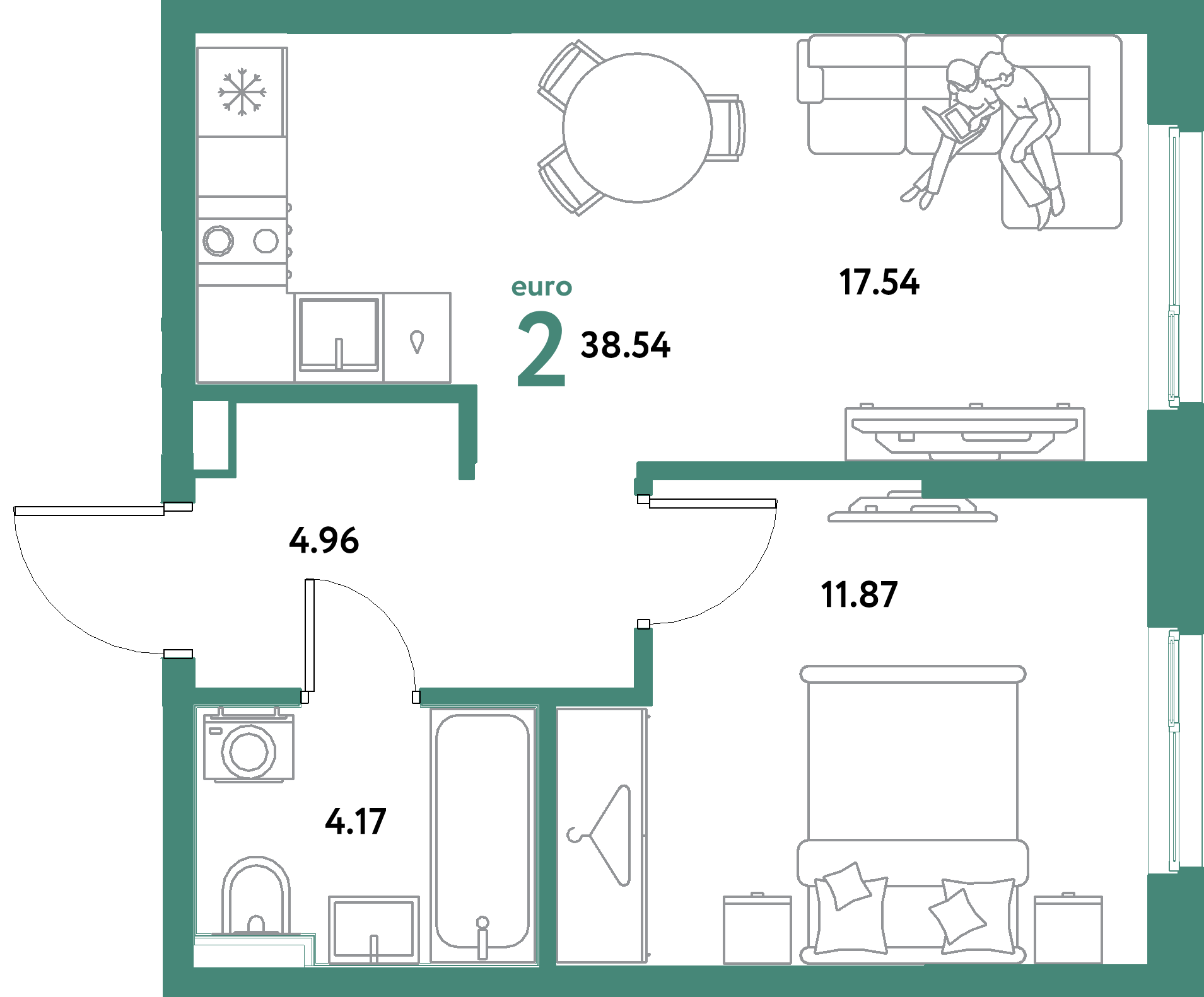 ЖК "Остров-сад"-2-комнатная 38.54 м²