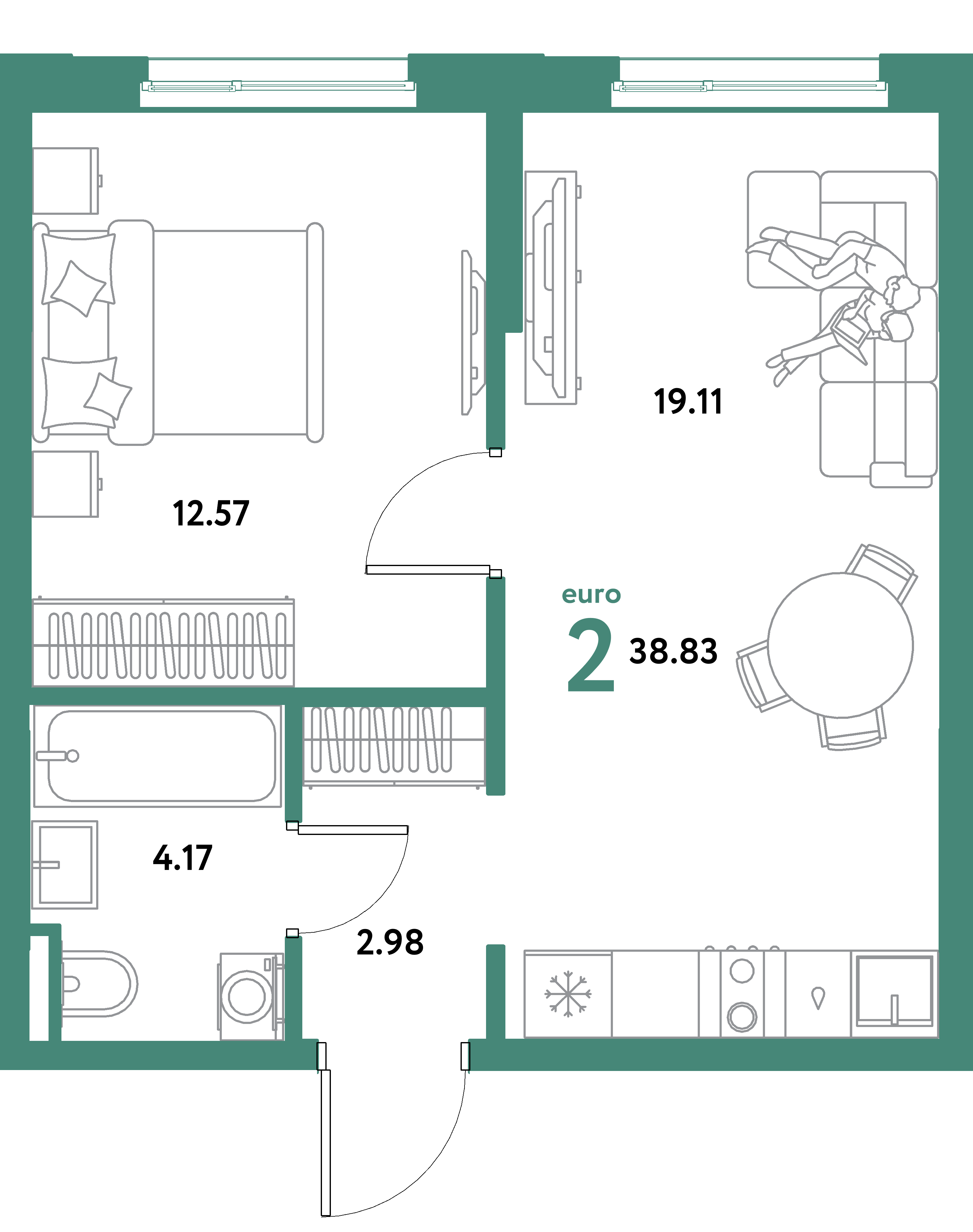 ЖК "Остров-сад"-2-комнатная 38.83 м²