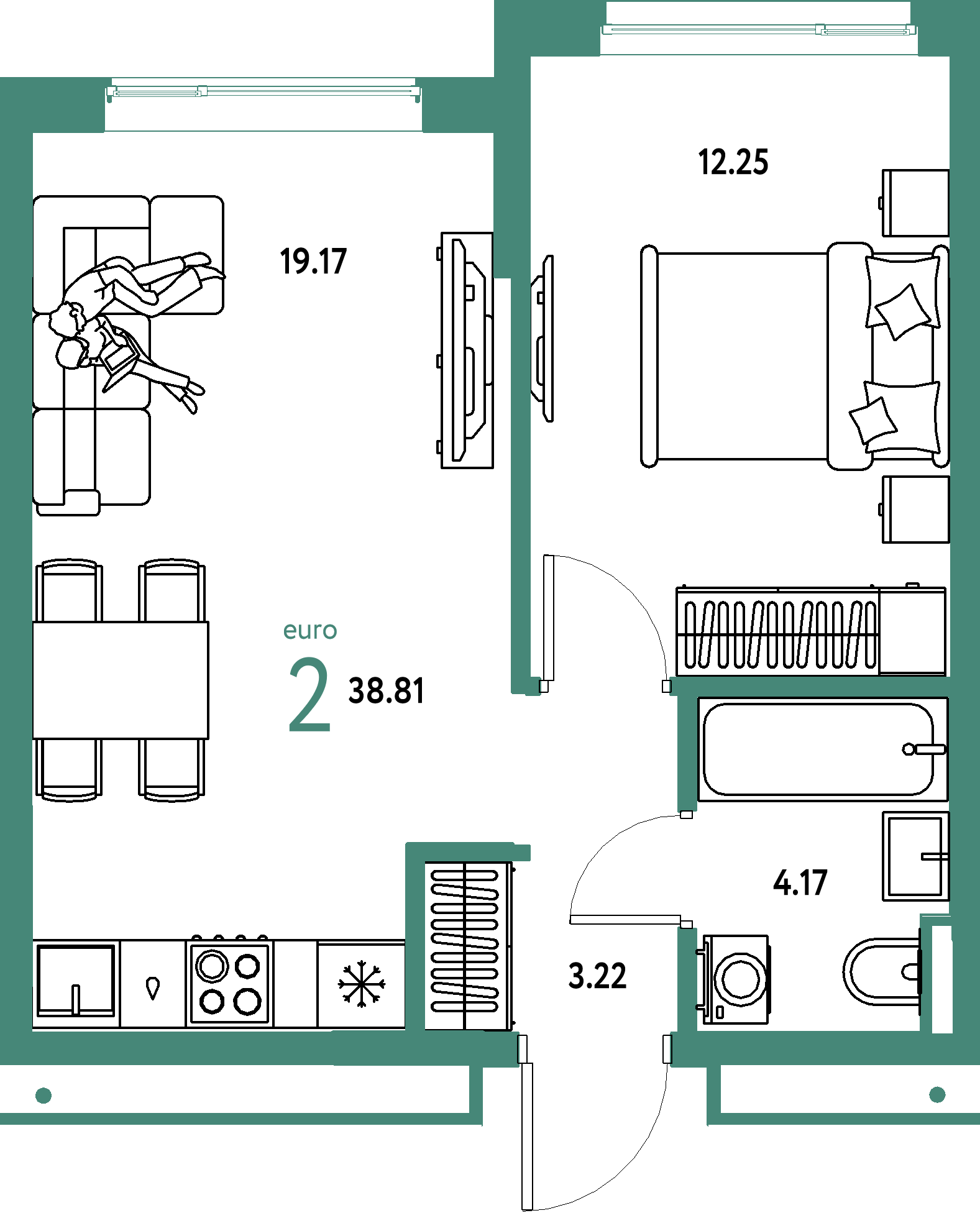 ЖК "Страна.Прибрежная"-2-комнатная 38.81 м²