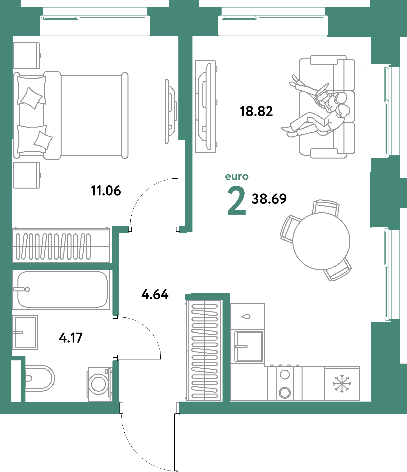 ЖК "Остров-сад"-2-комнатная 38.69 м²