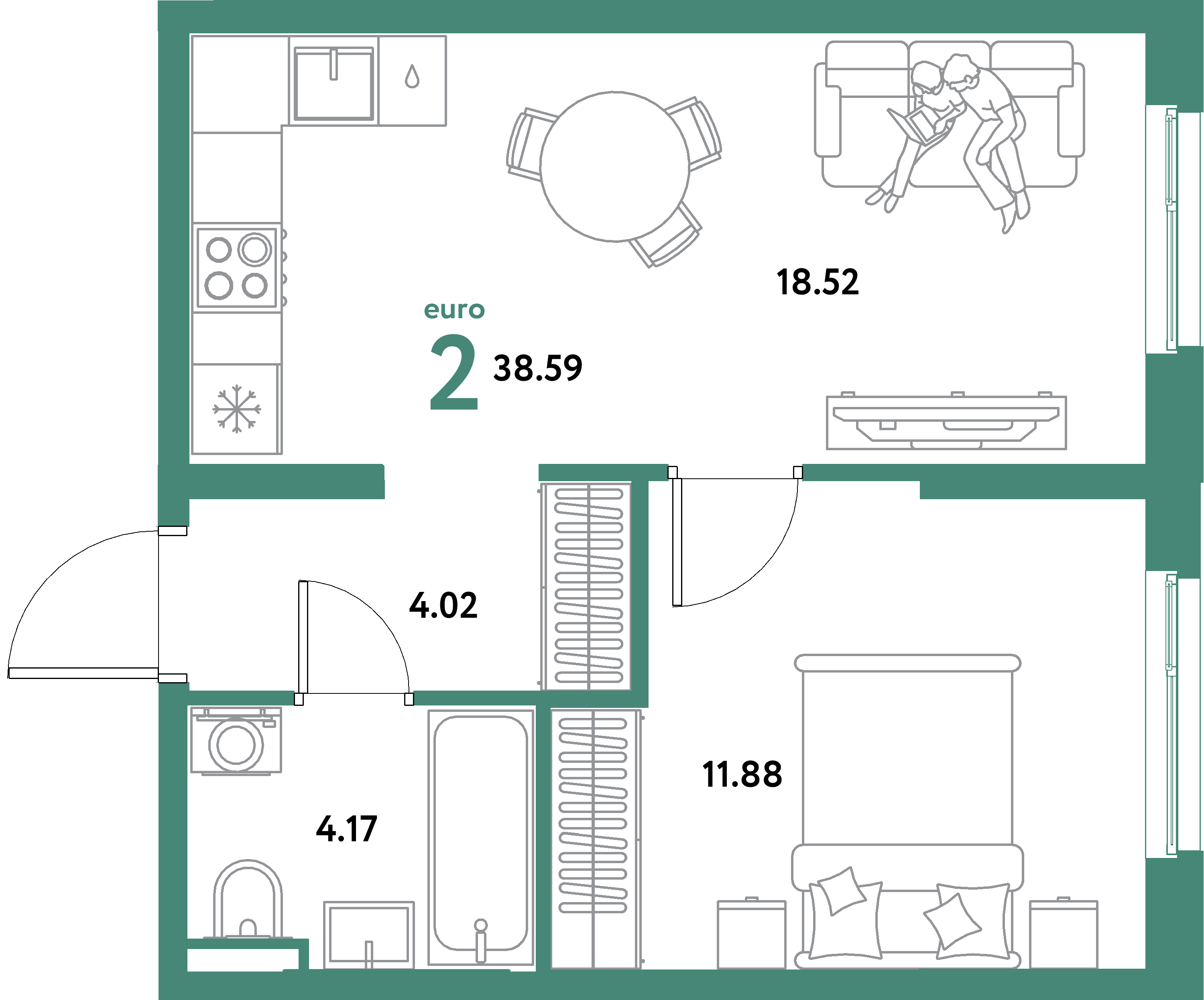 ЖК "Остров-сад"-2-комнатная 38.59 м²