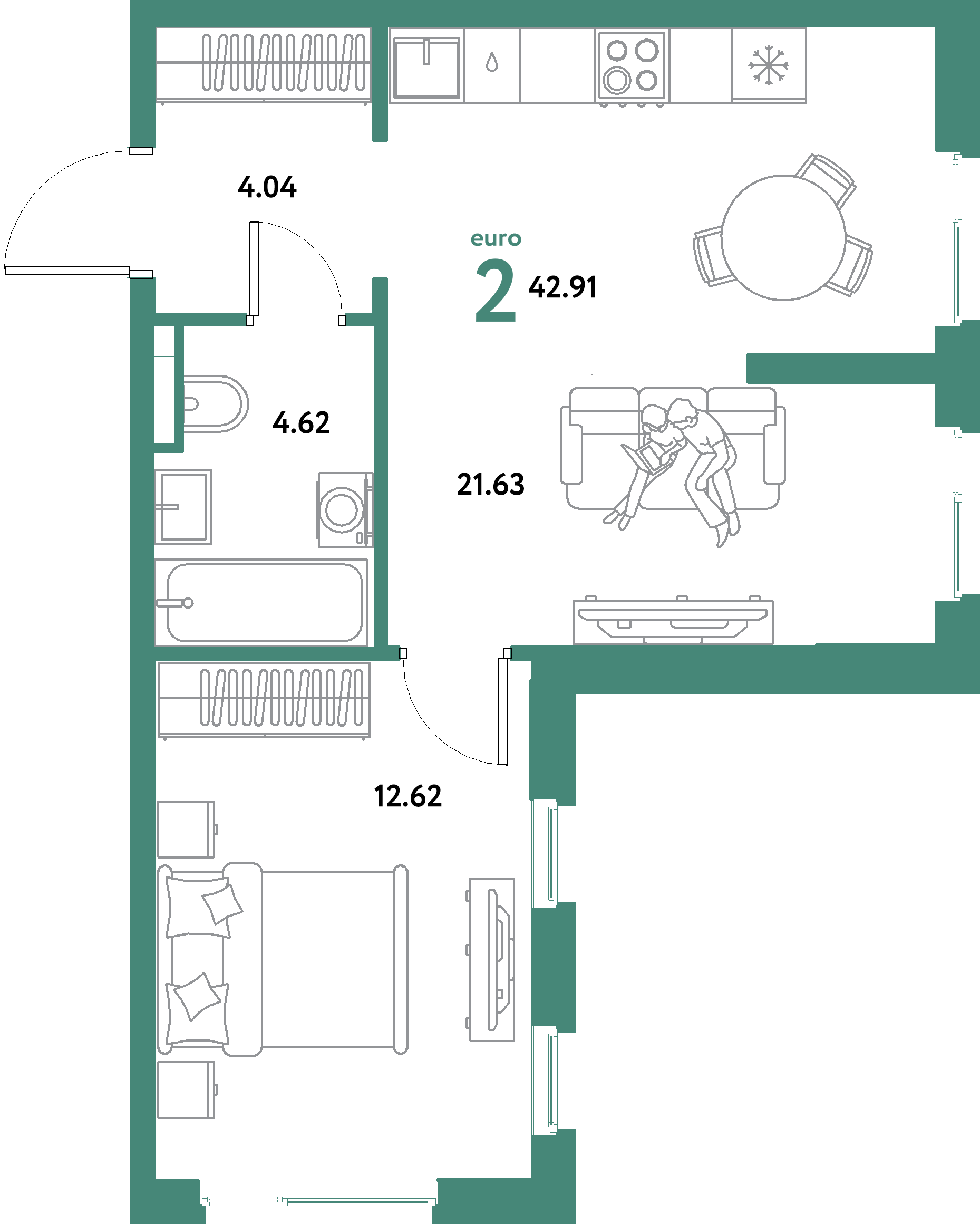ЖК "Остров-сад"-2-комнатная 42.91 м²