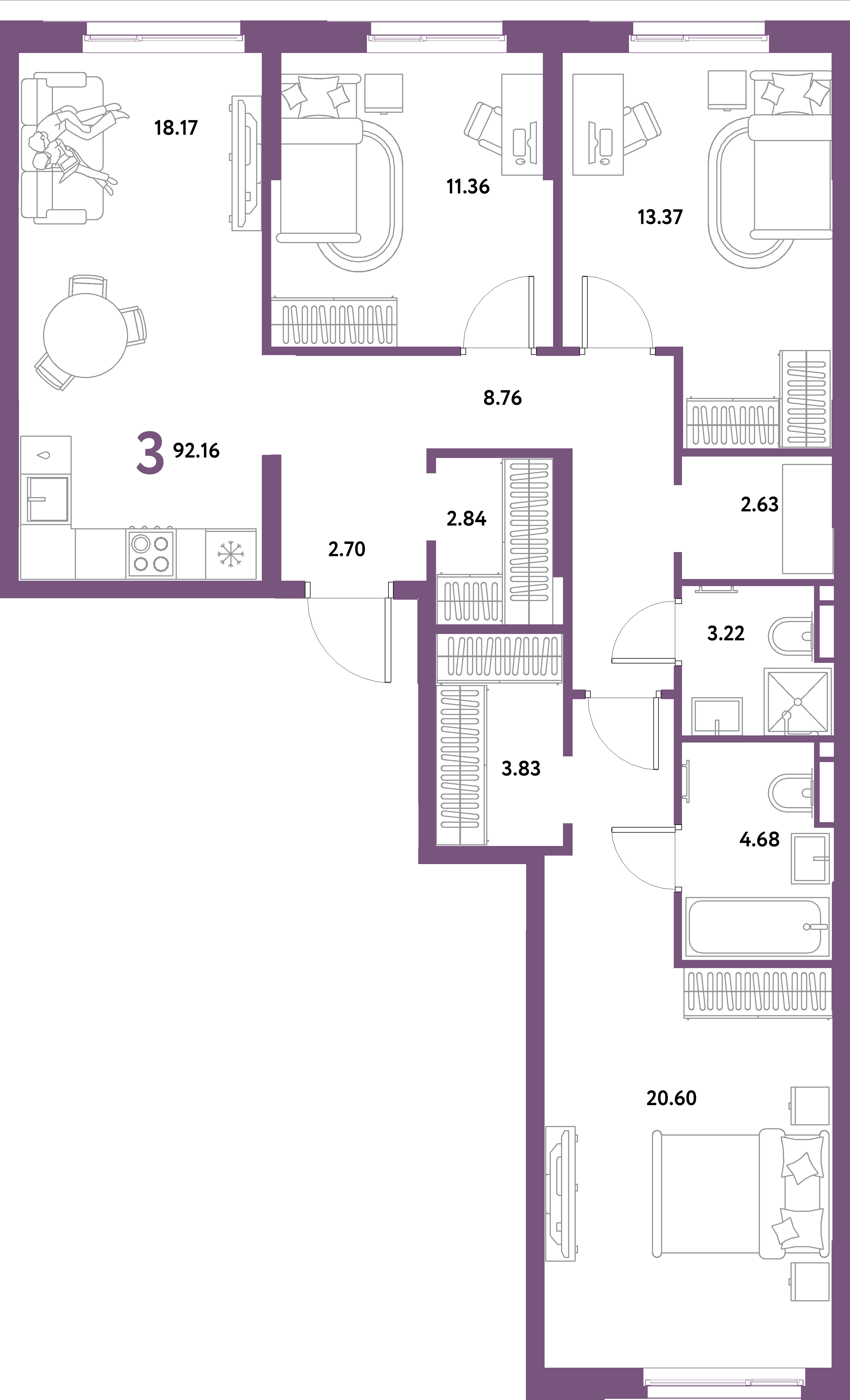 ЖК "Остров-сад"-3-комнатная 92.16 м²