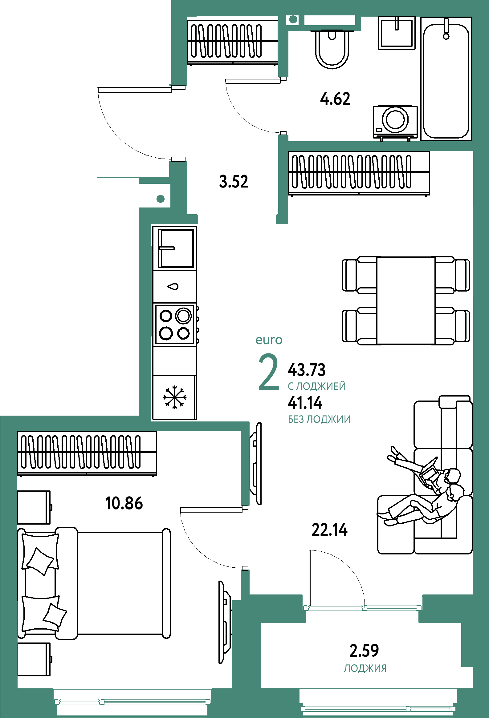 ЖК "Страна.Прибрежная"-2-комнатная 43.73 м²