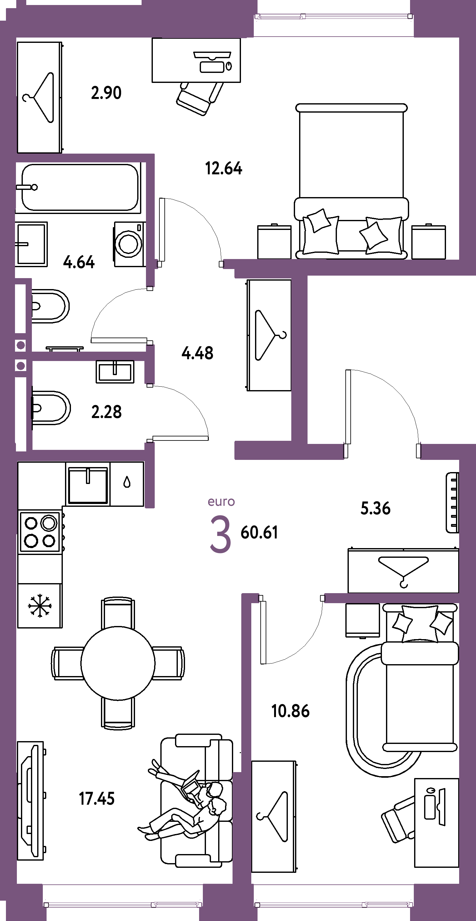 ЖК "Страна.Прибрежная"-3-комнатная 60.61 м²