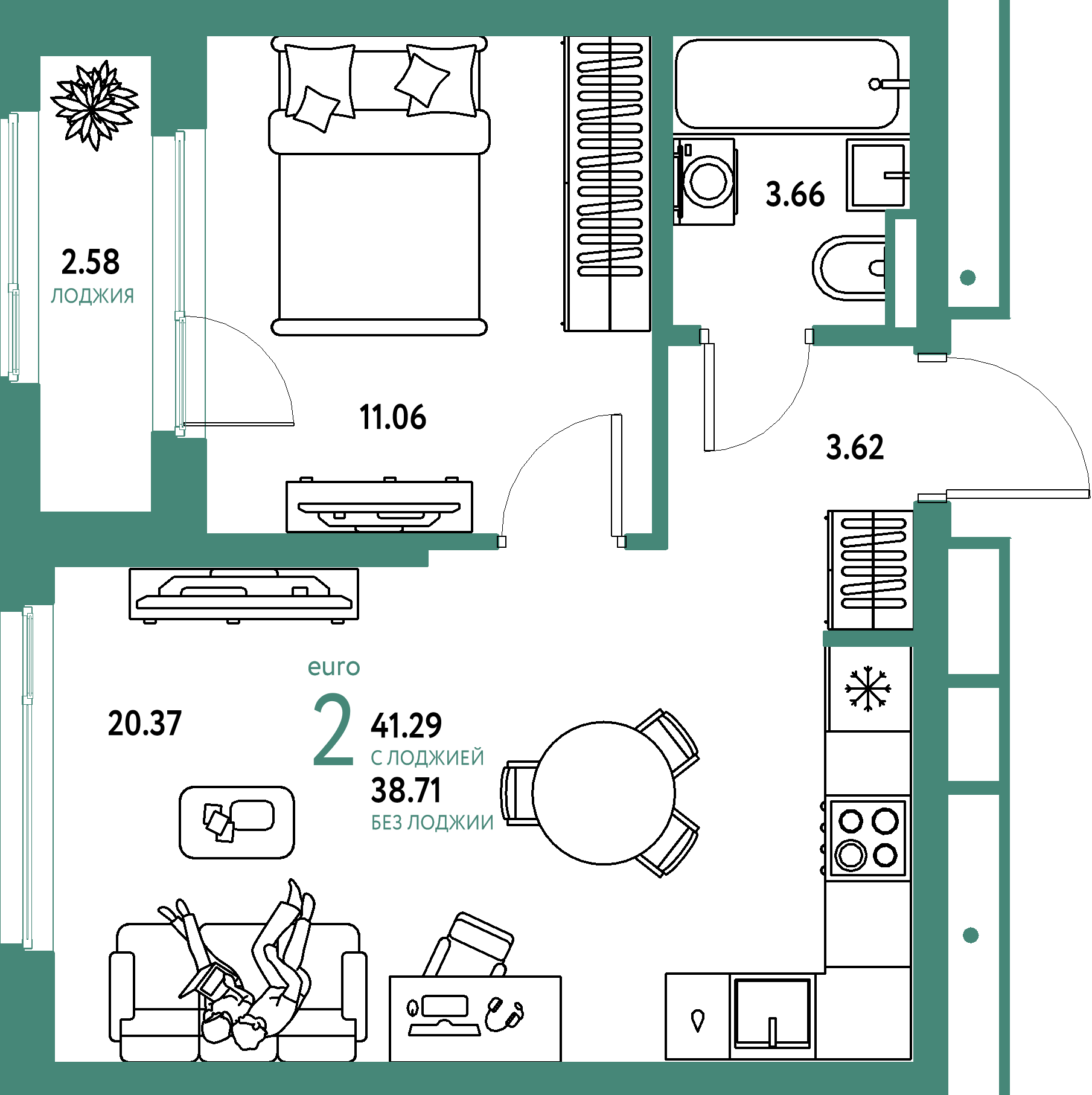 ЖК "Страна.Парковая"-2-комнатная 41.29 м²
