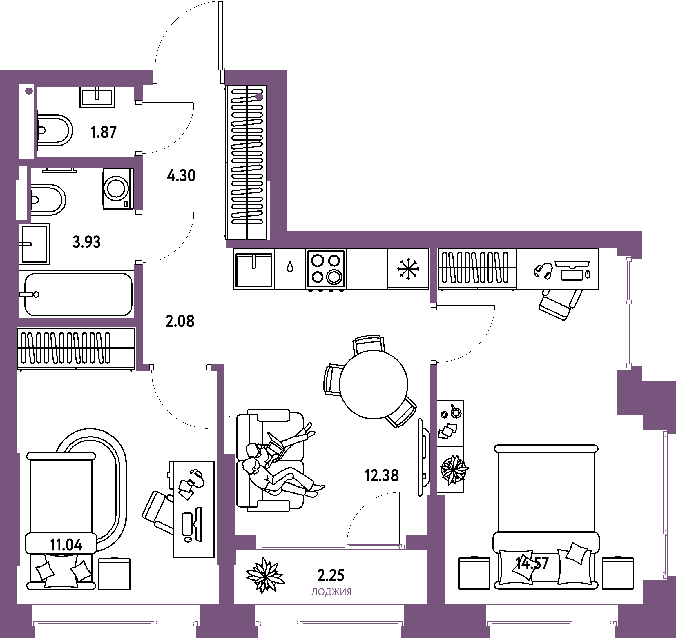 ЖК "Страна.Парковая"-3-комнатная 52.42 м²