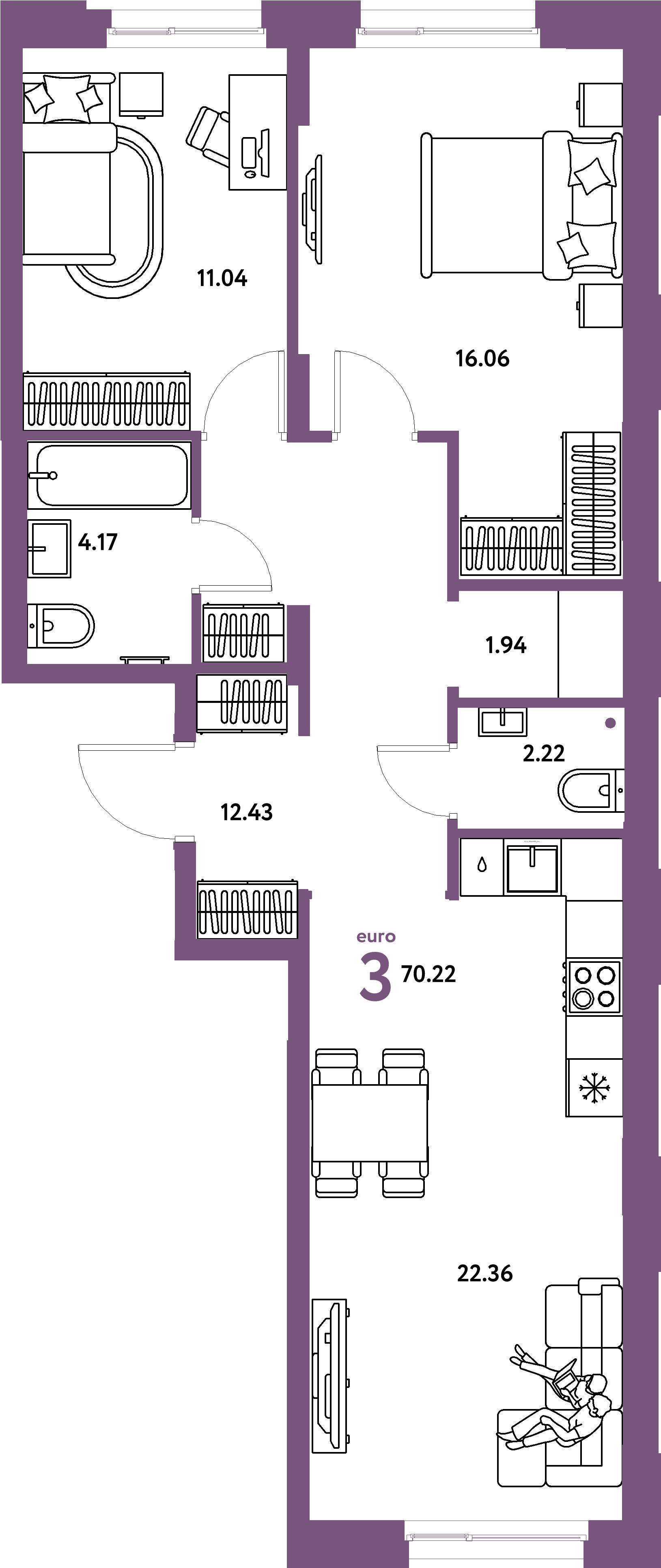 Планировка: Евротрешка 70.2 м² в ЖК Европейский берег 2.0, Европейский