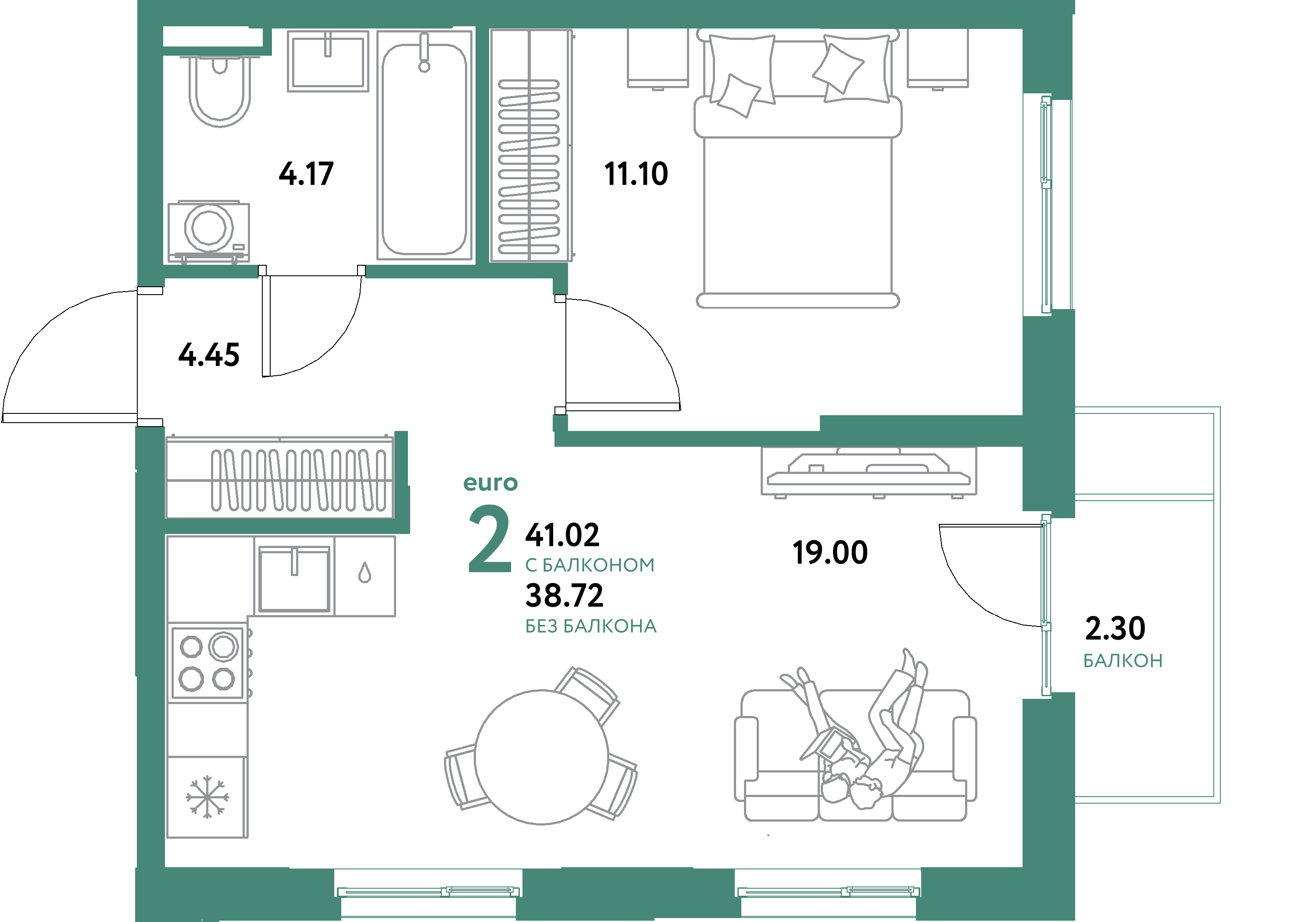 ЖК "Остров-сад"-2-комнатная 41.02 м²