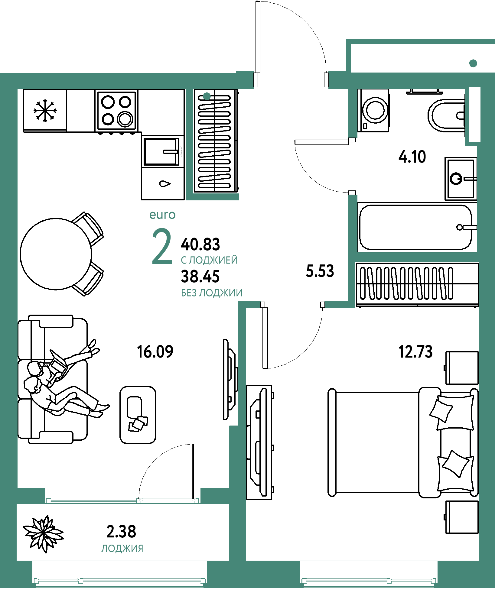 ЖК "Страна.Парковая"-2-комнатная 40.83 м²