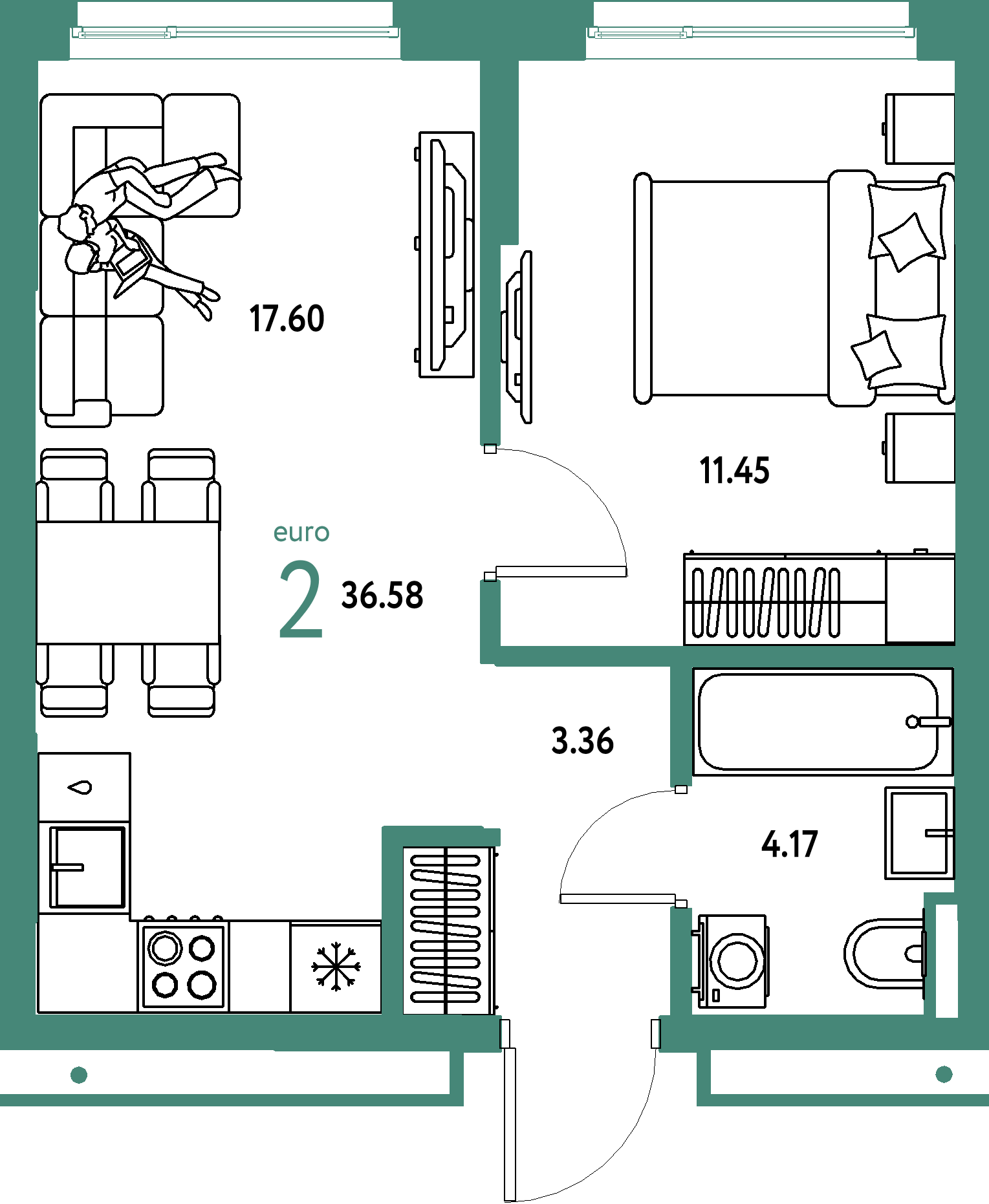 ЖК "Страна.Прибрежная"-2-комнатная 36.58 м²