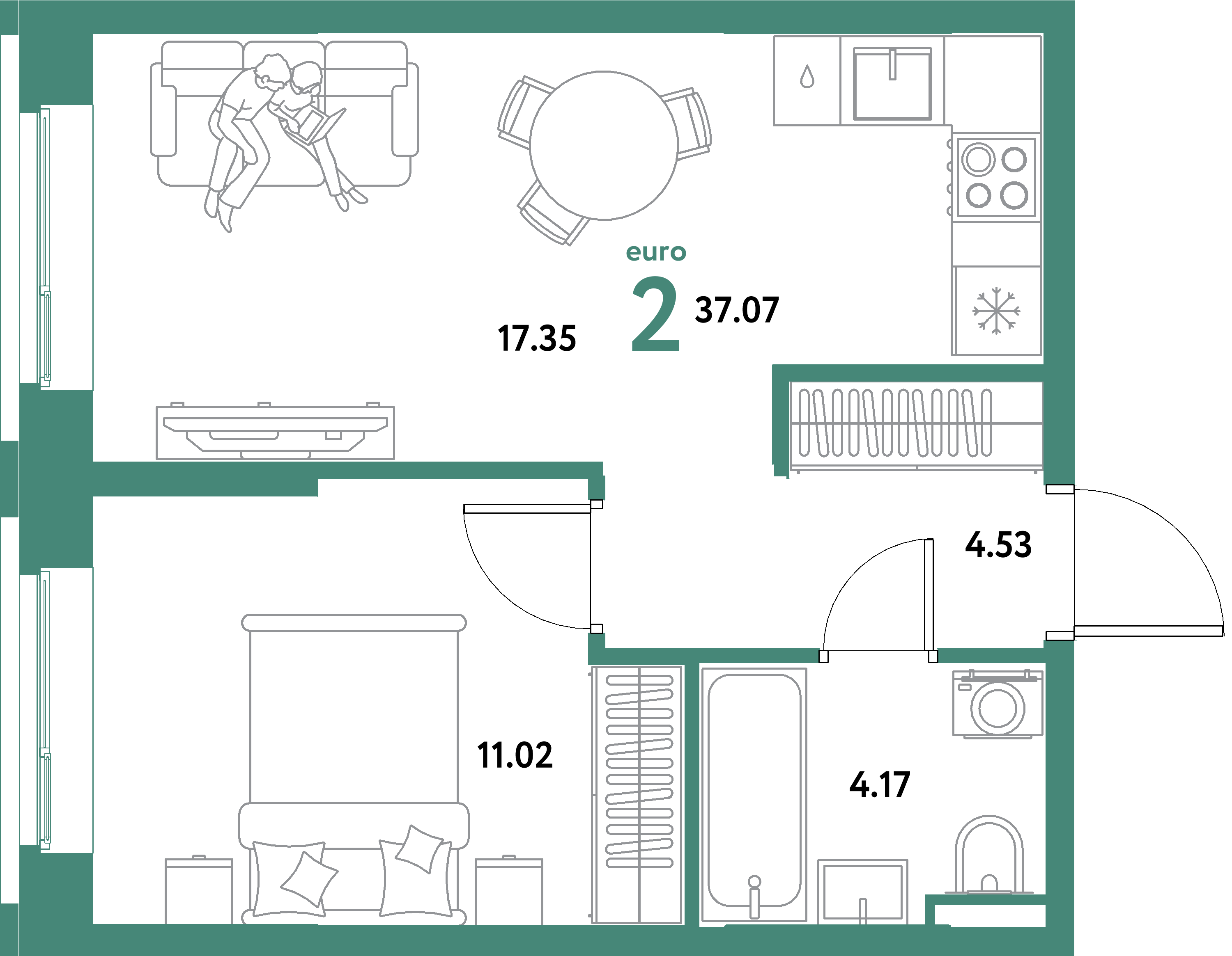 ЖК "Остров-сад"-2-комнатная 37.07 м²