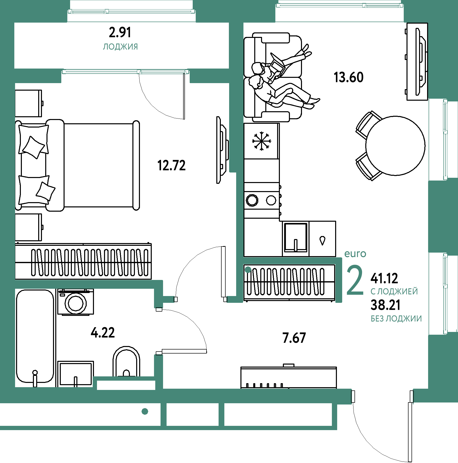 ЖК "Страна.Парковая"-2-комнатная 41.12 м²