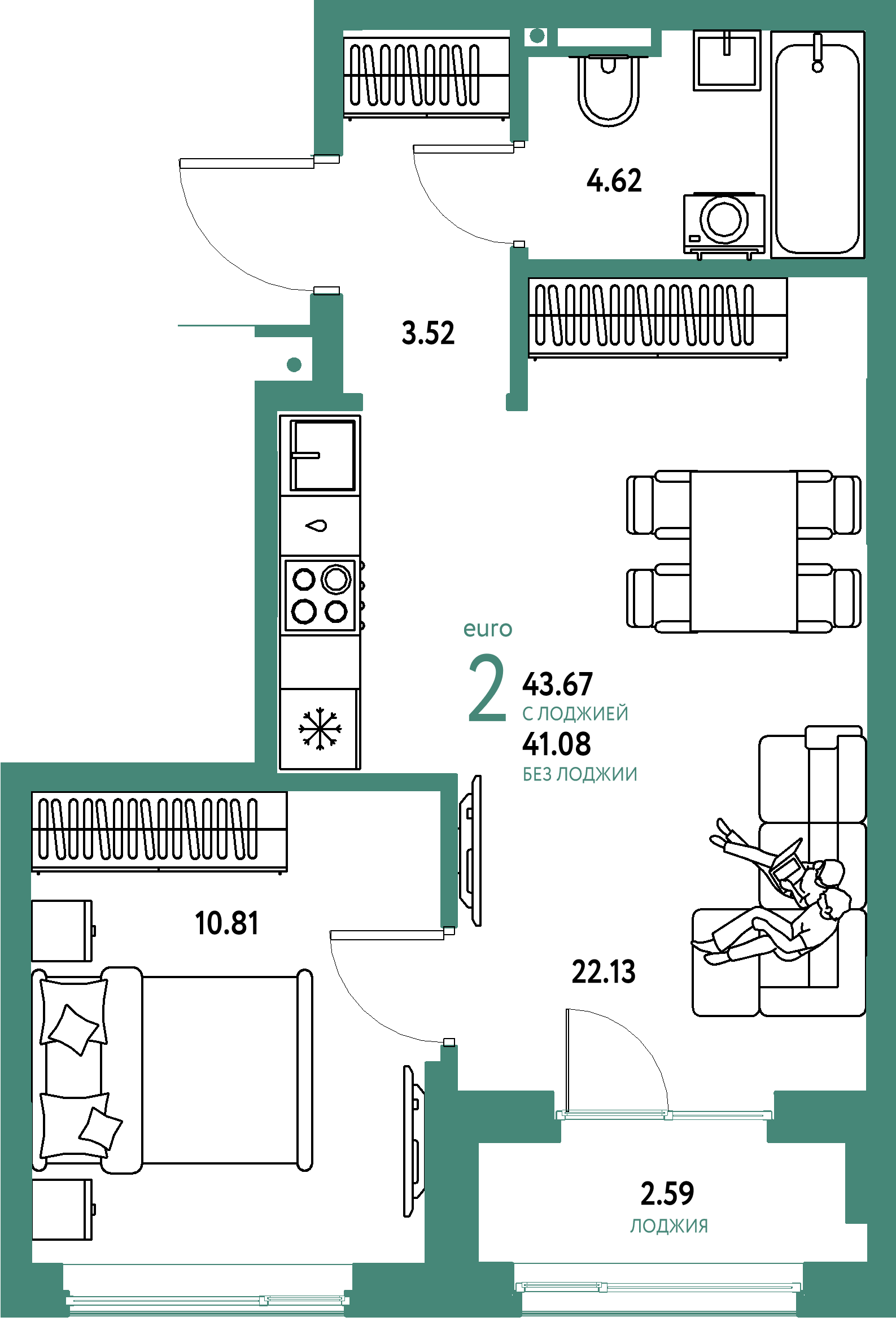 ЖК "Страна.Прибрежная"-2-комнатная 43.67 м²