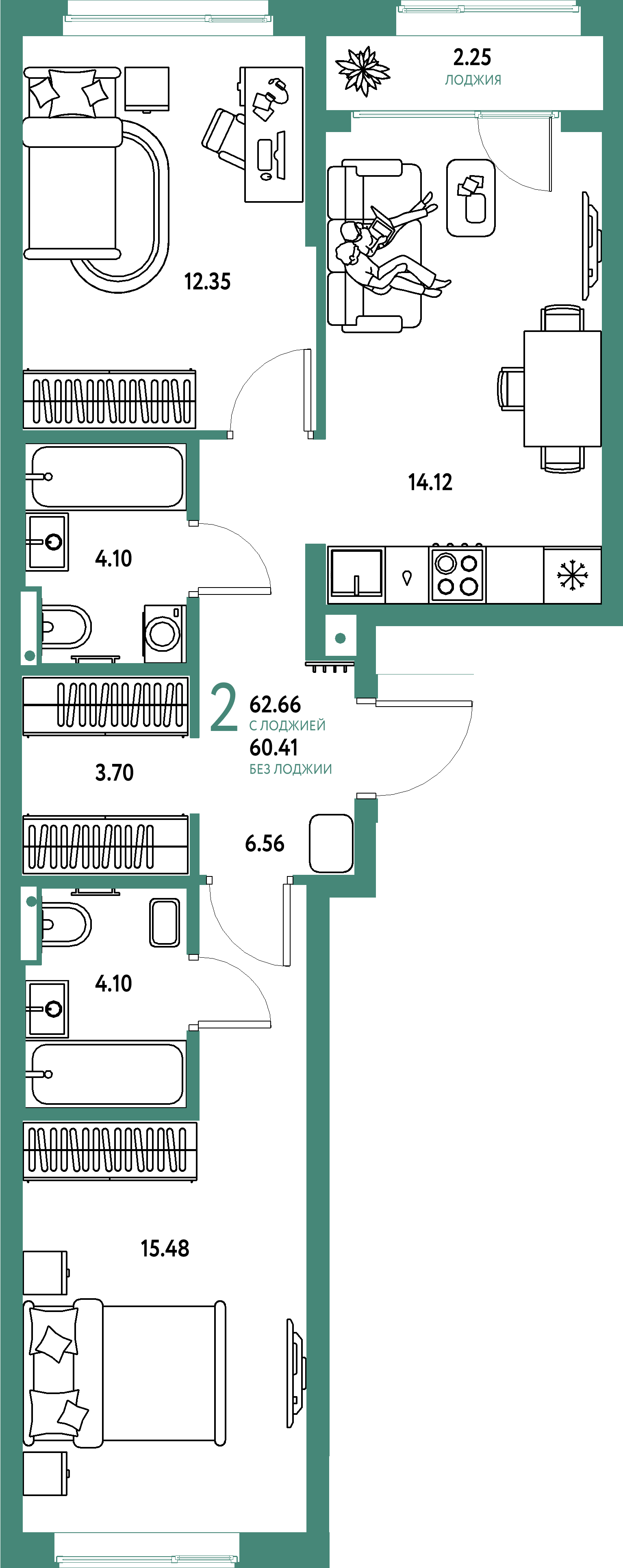 ЖК "Страна.Парковая"-2-комнатная 62.66 м²
