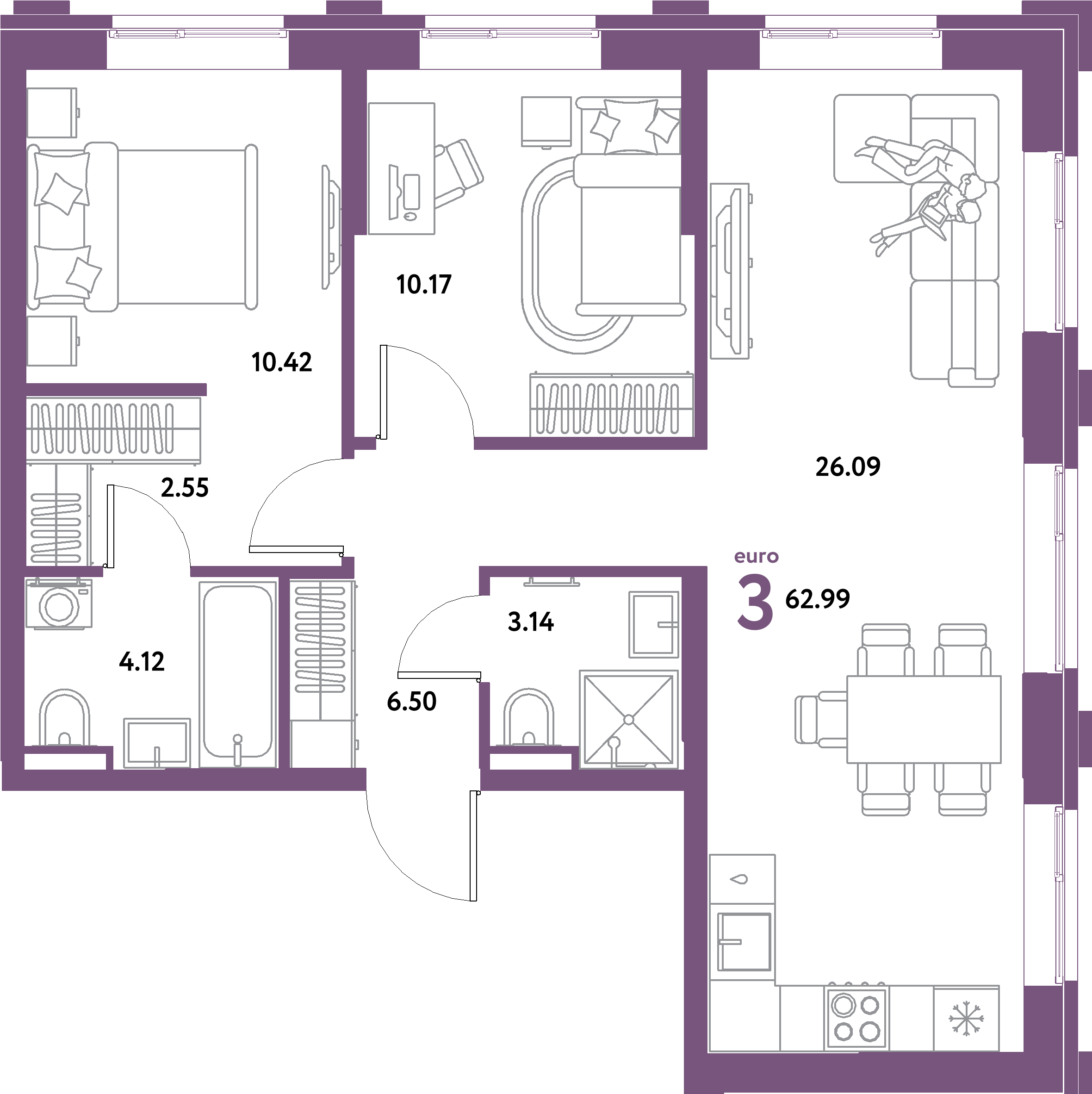 ЖК "Остров-сад"-3-комнатная 62.99 м²