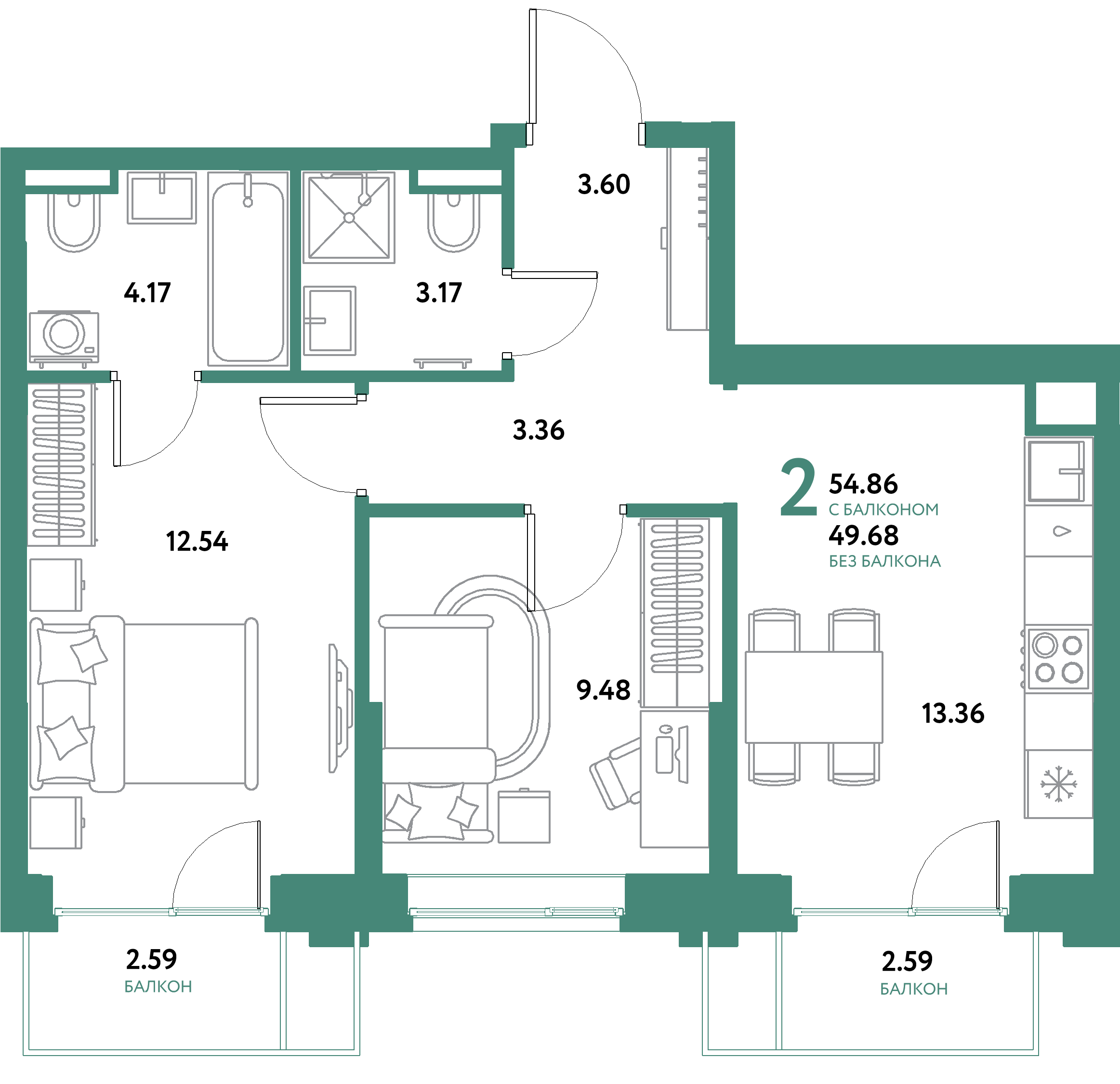 ЖК "Остров-сад"-2-комнатная 54.86 м²