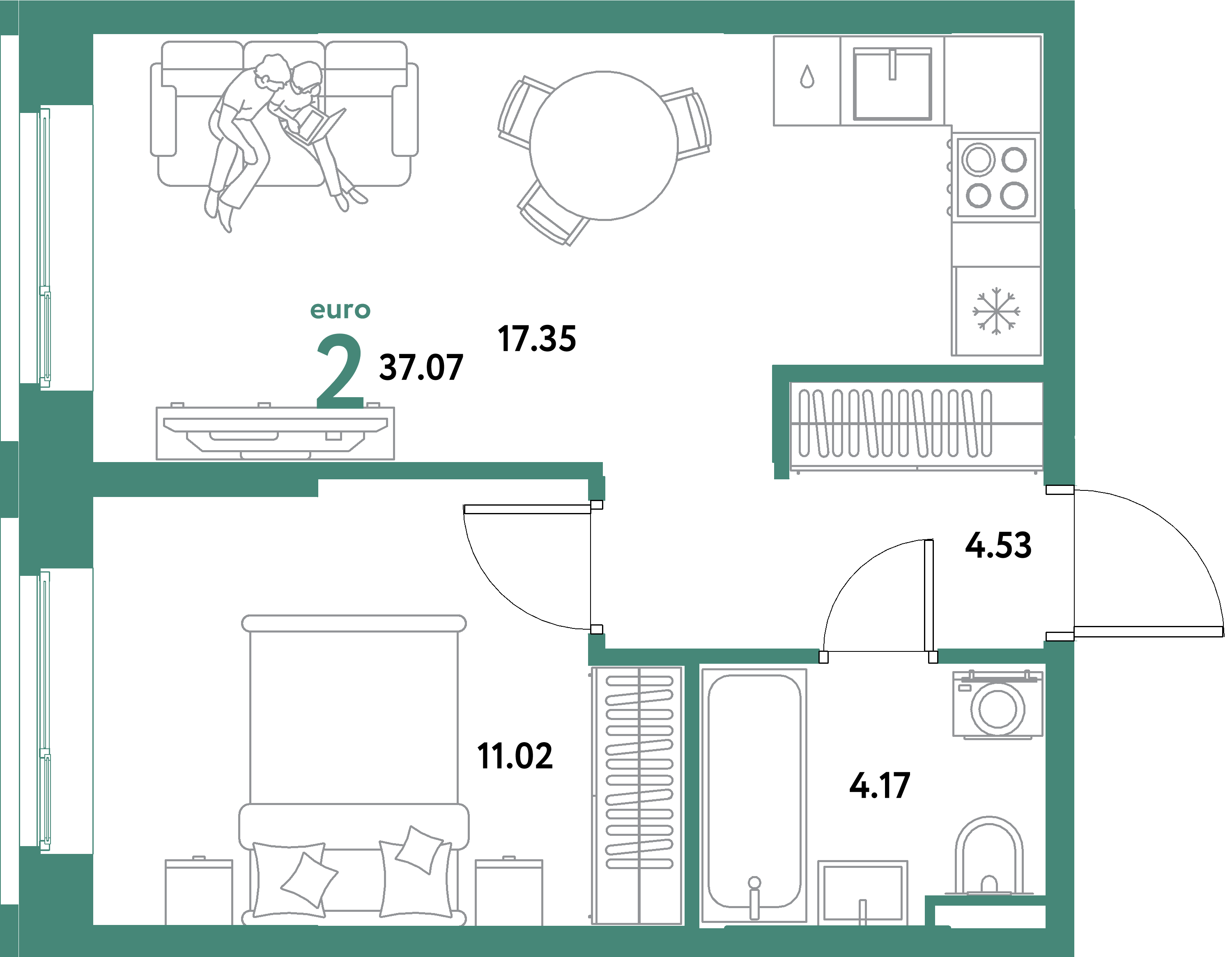ЖК "Остров-сад"-2-комнатная 37.07 м²
