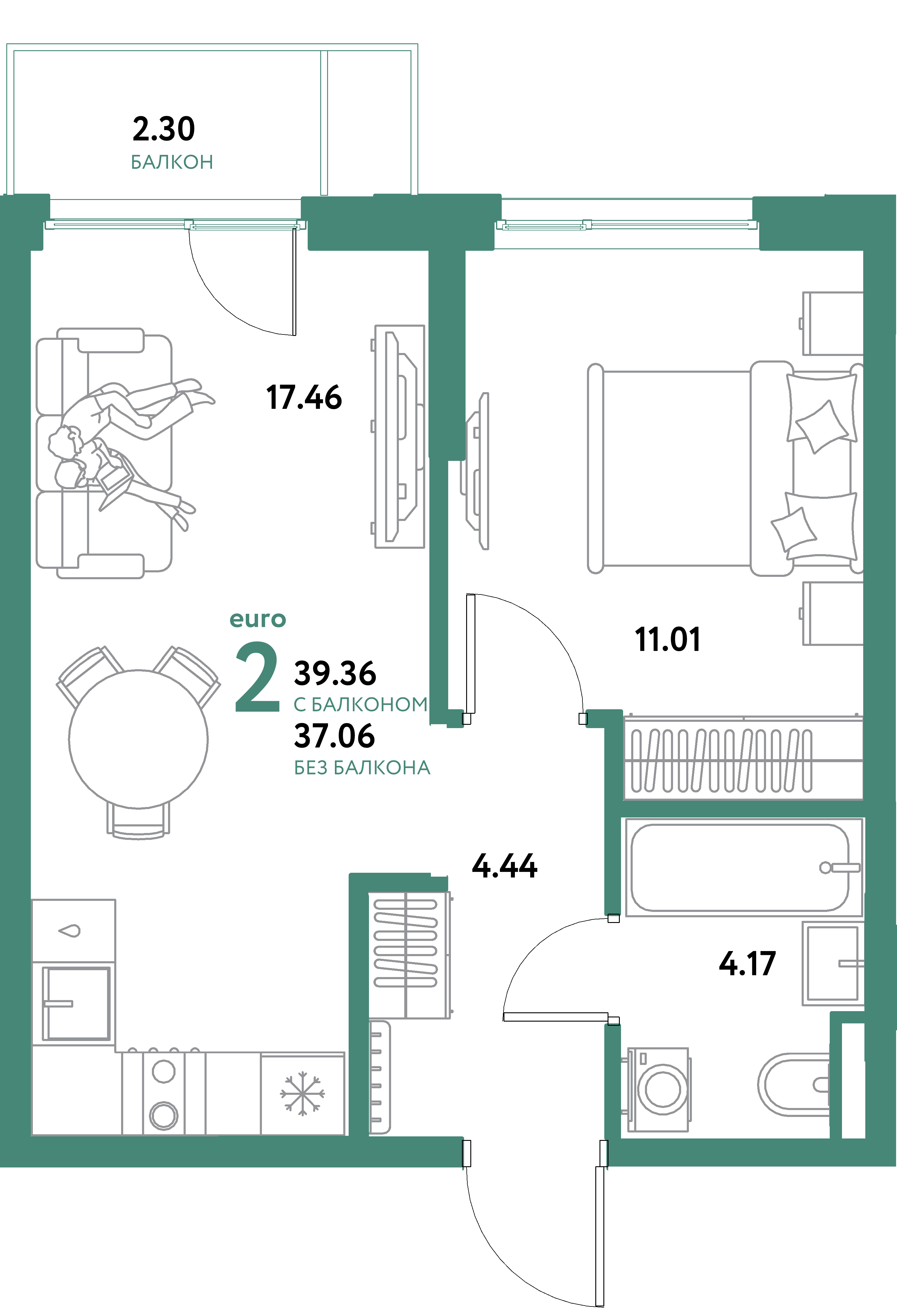 ЖК "Остров-сад"-2-комнатная 39.36 м²