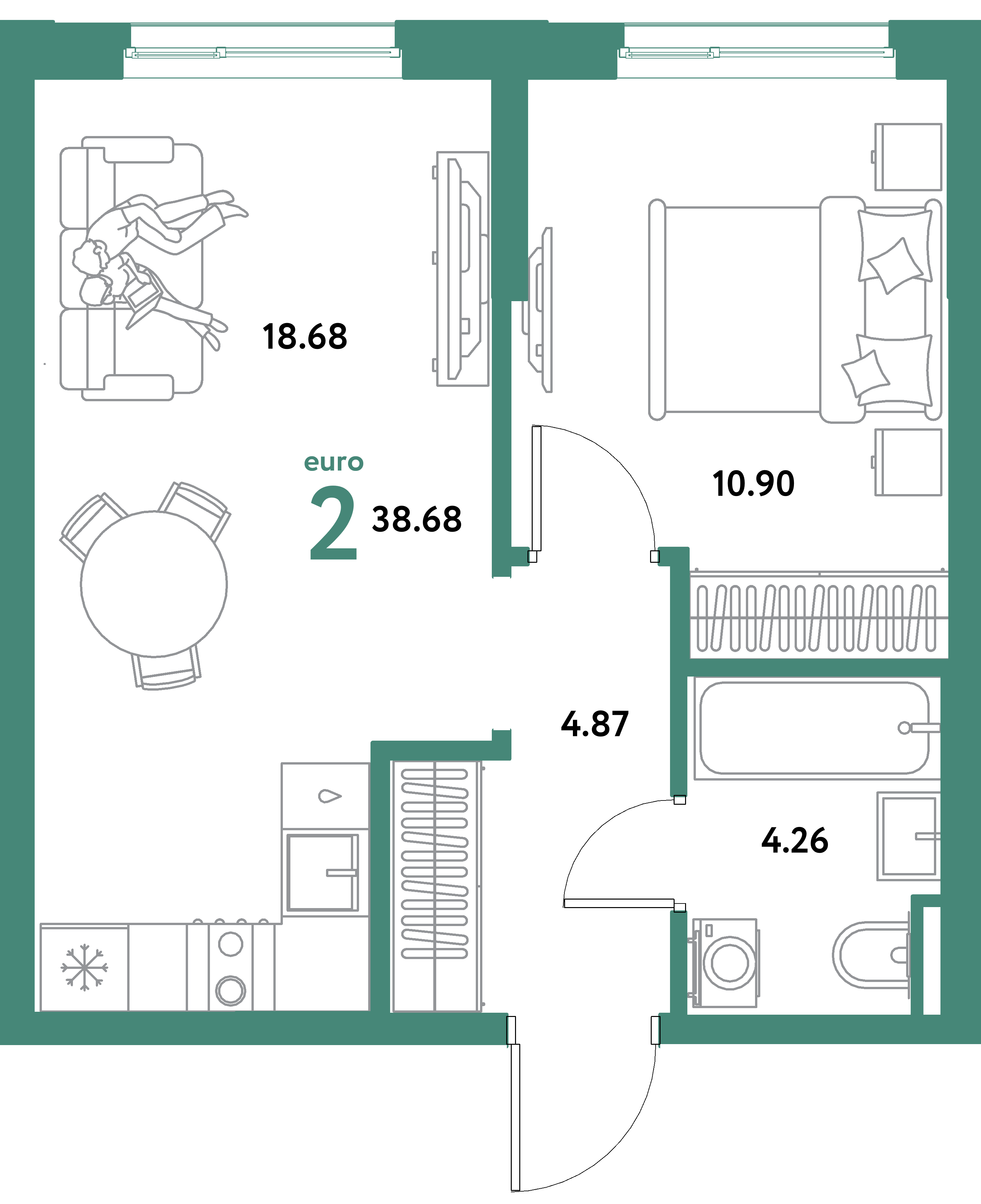 ЖК "Остров-сад"-2-комнатная 38.68 м²