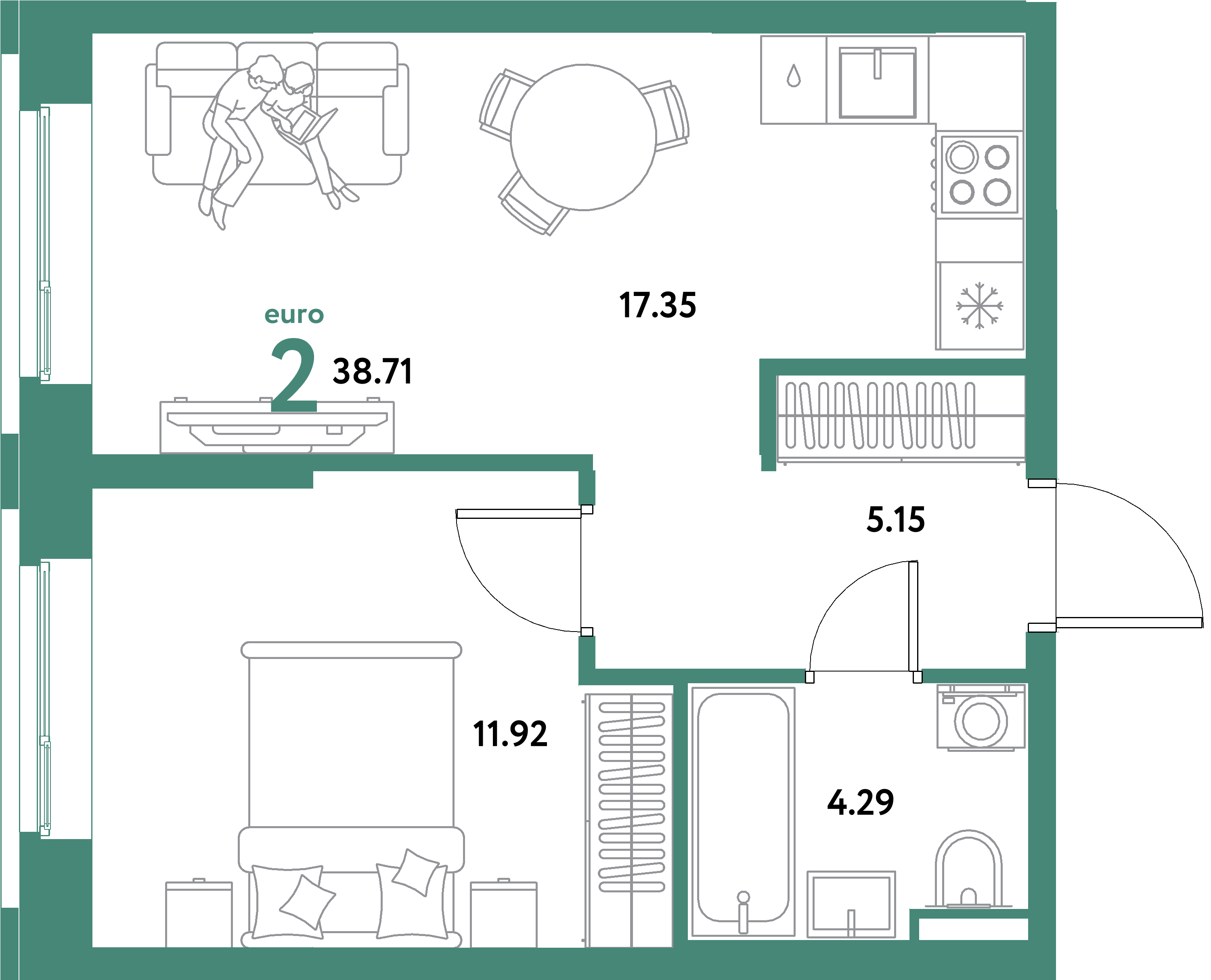 ЖК "Остров-сад"-2-комнатная 38.71 м²