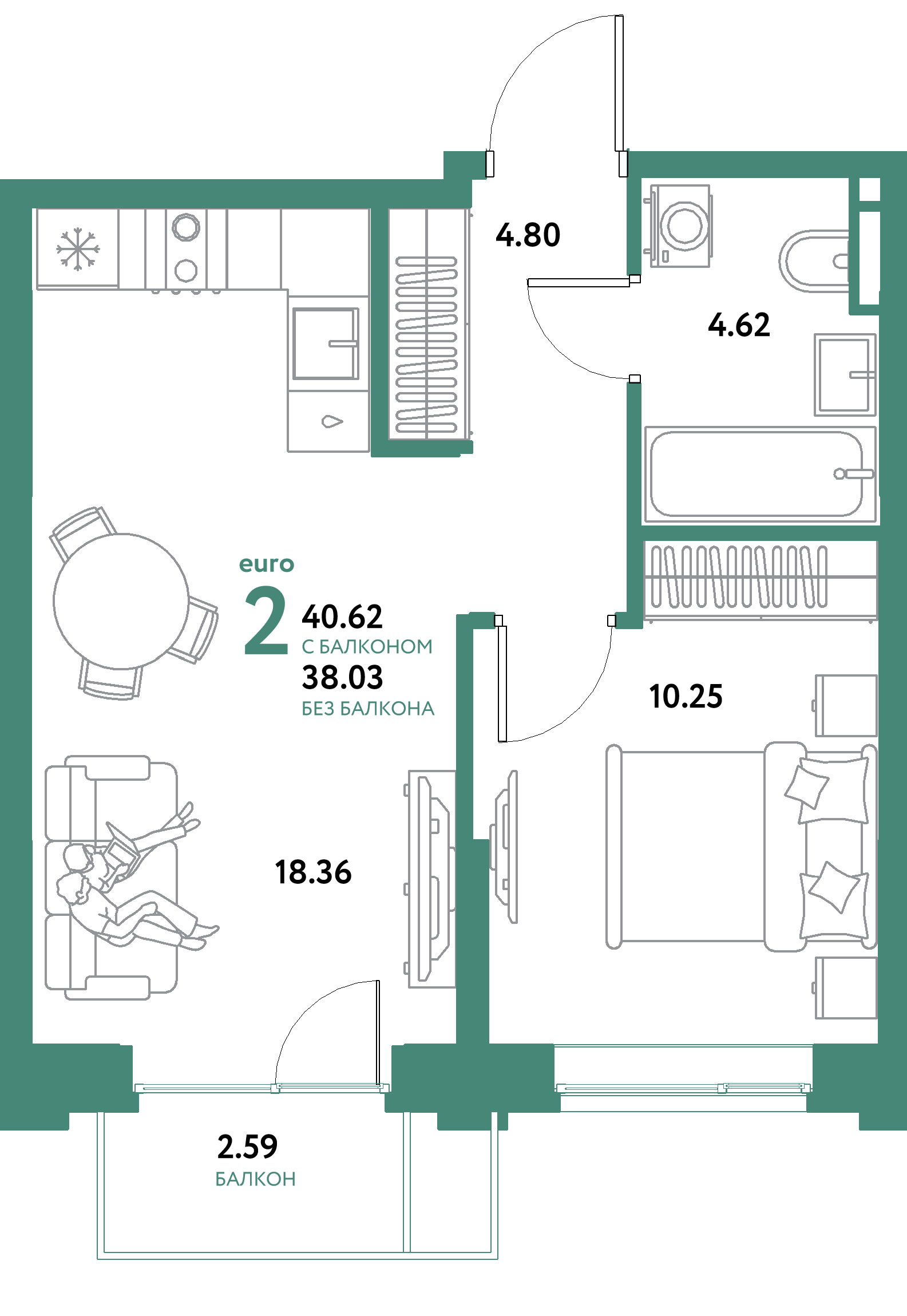 ЖК "Остров-сад"-2-комнатная 40.62 м²