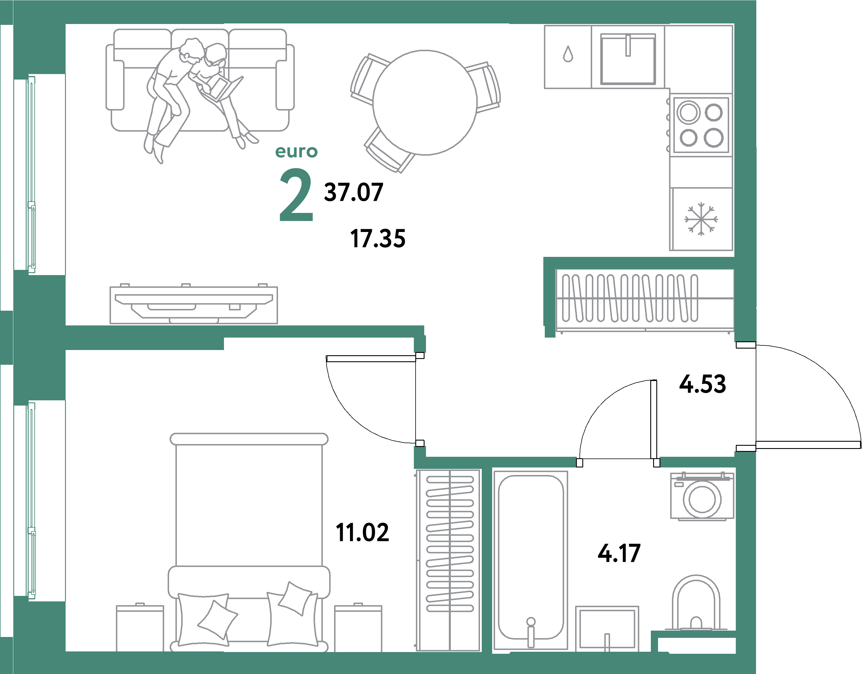 ЖК "Остров-сад"-2-комнатная 37.07 м²