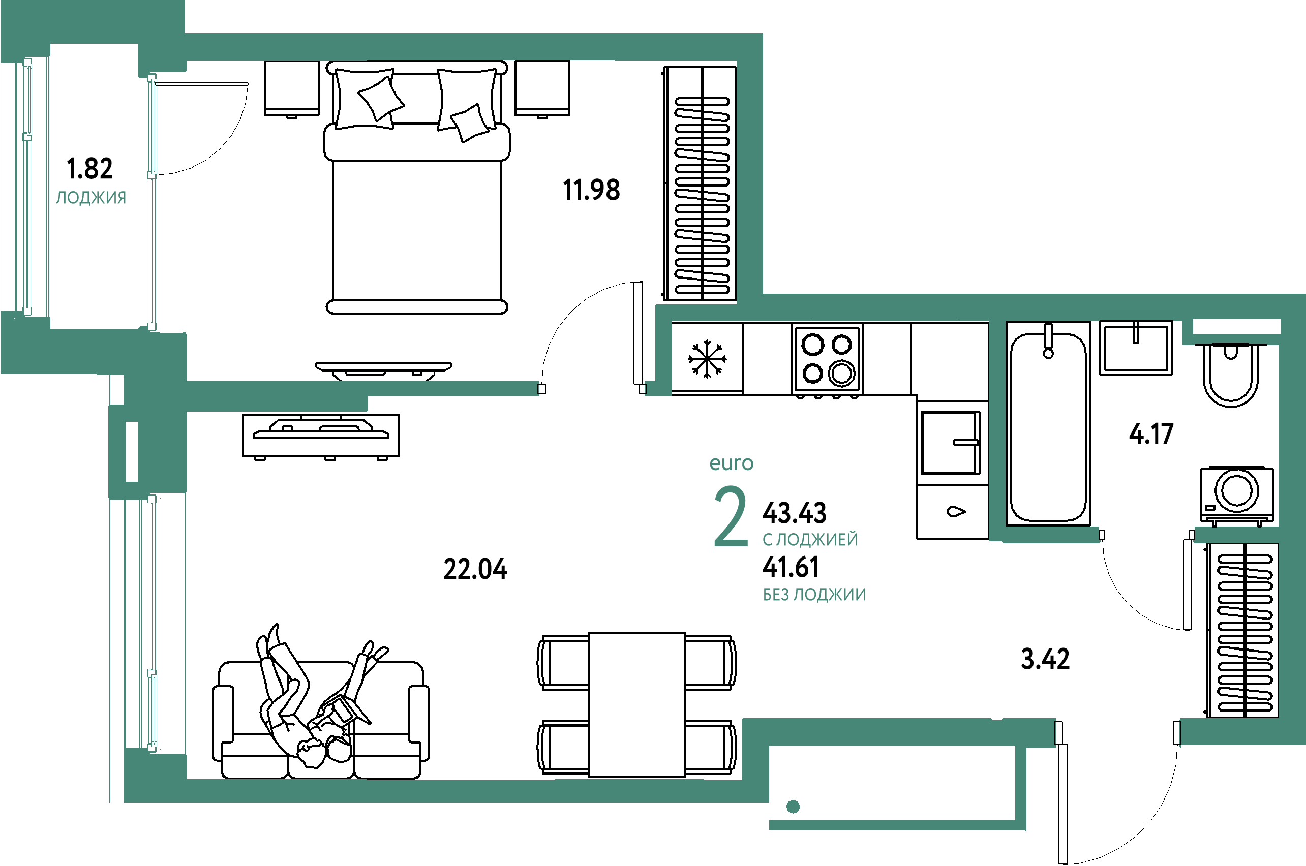 ЖК "Страна.Прибрежная"-2-комнатная 43.43 м²