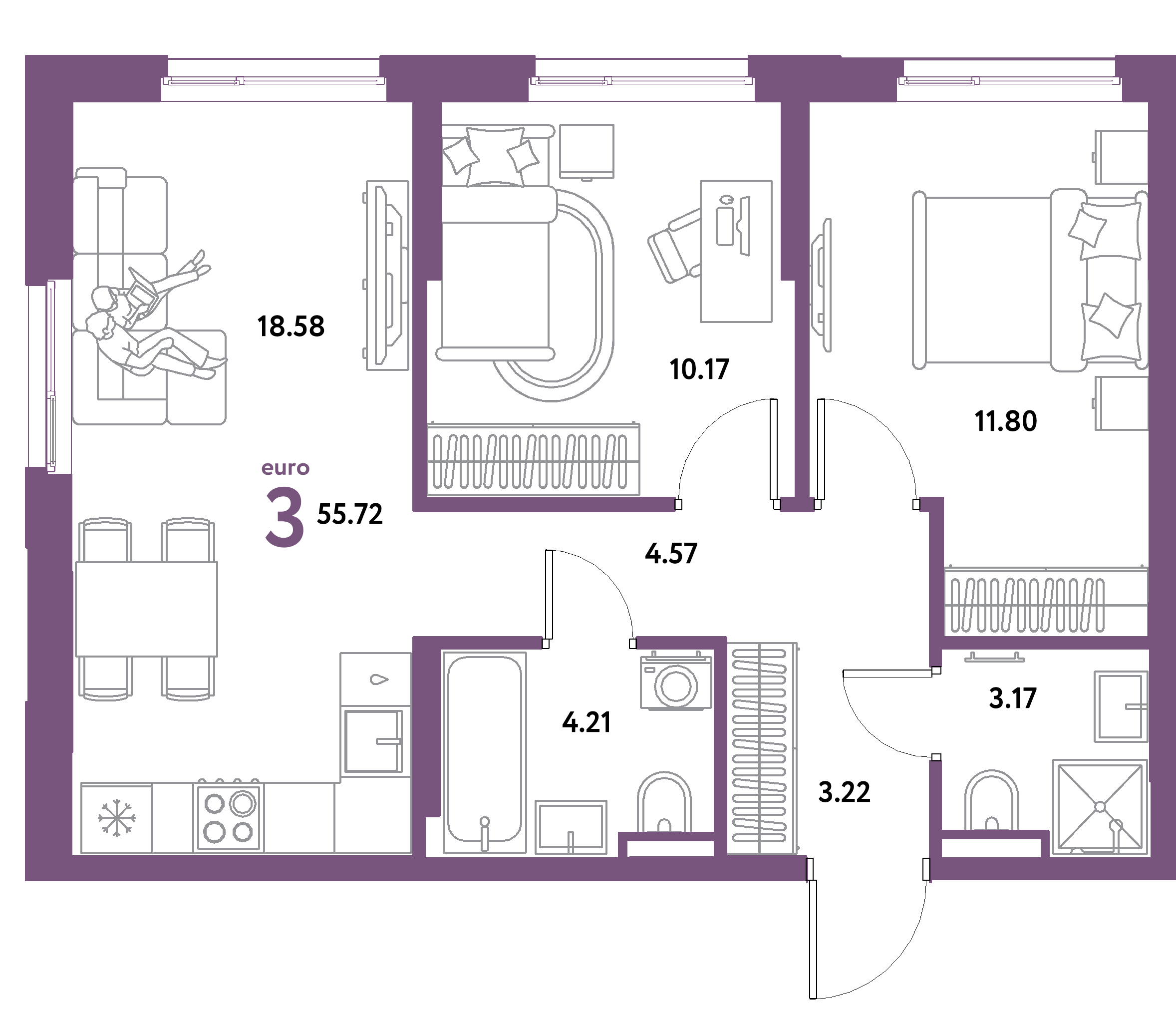 ЖК "Остров-сад"-3-комнатная 55.72 м²