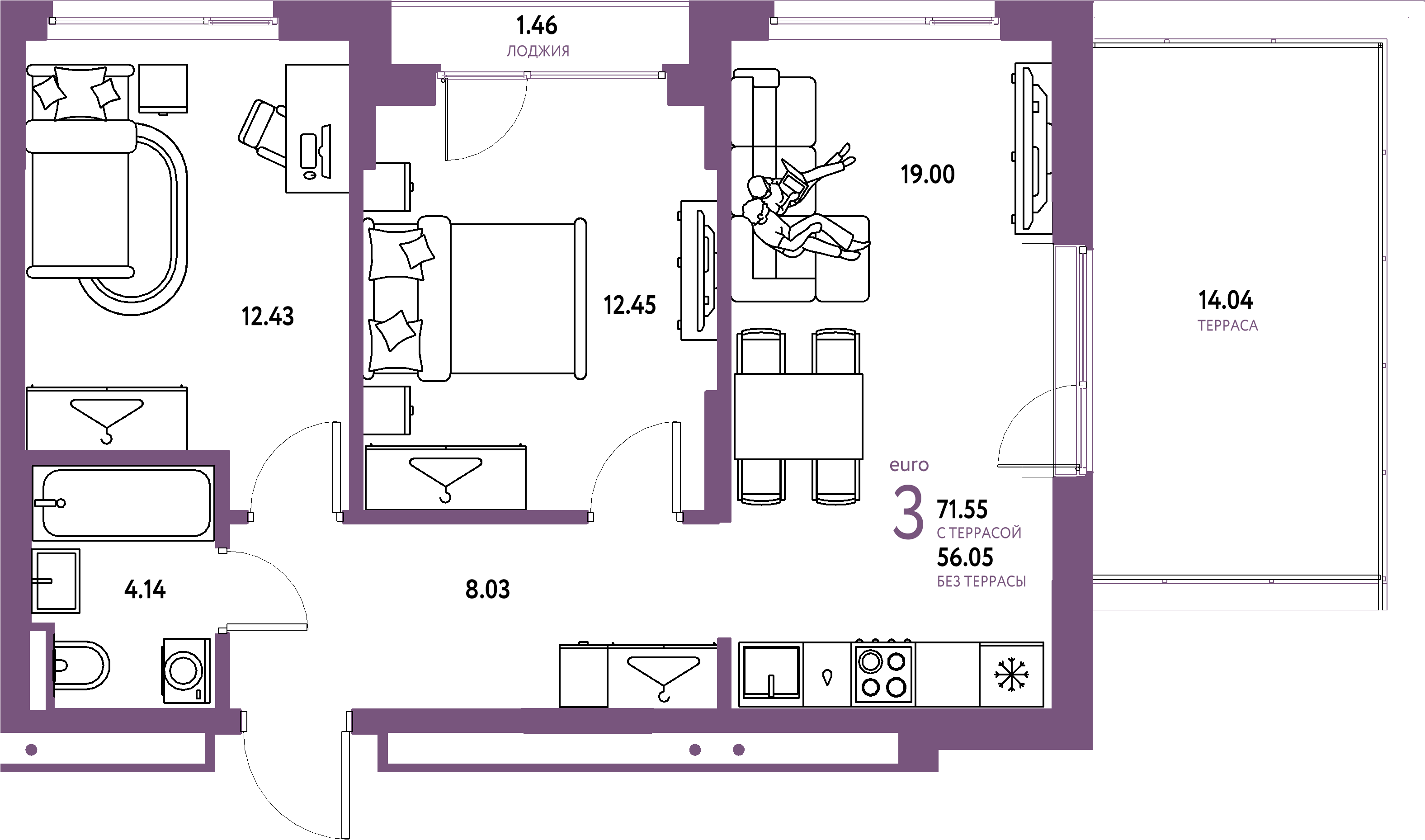 ЖК "Страна.Прибрежная"-3-комнатная 71.55 м²