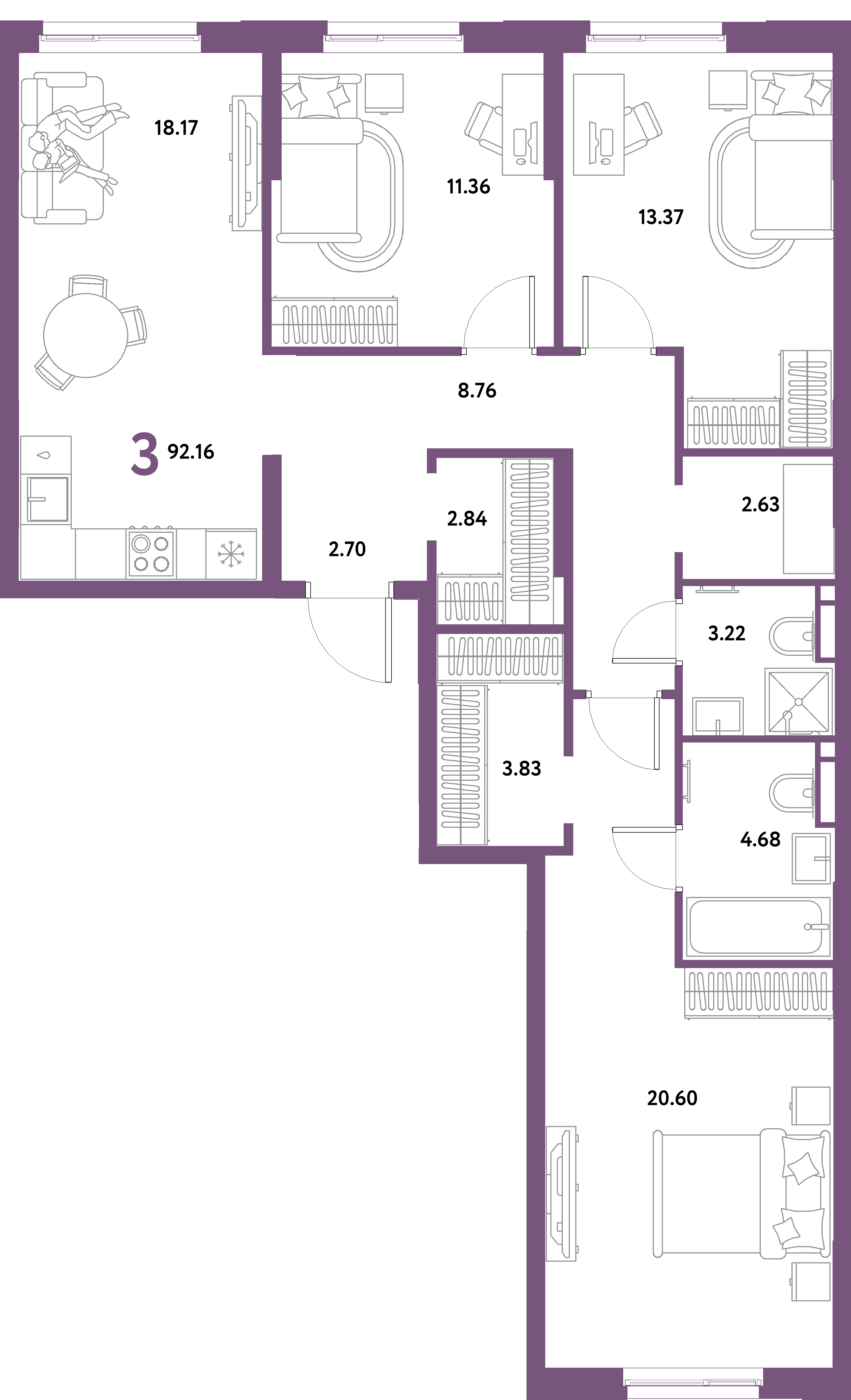 ЖК "Остров-сад"-3-комнатная 92.16 м²