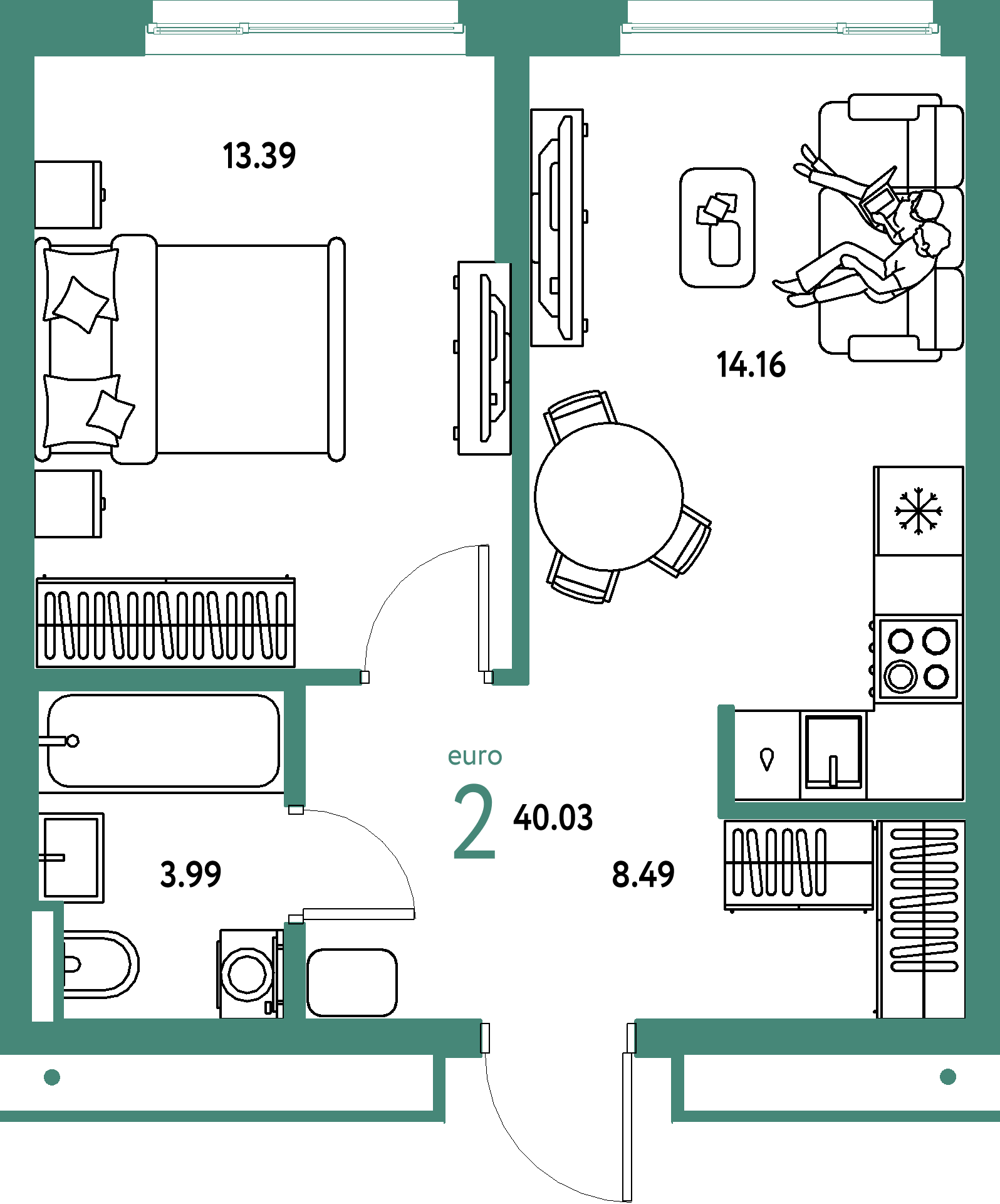 ЖК "Страна.Парковая"-2-комнатная 40.03 м²