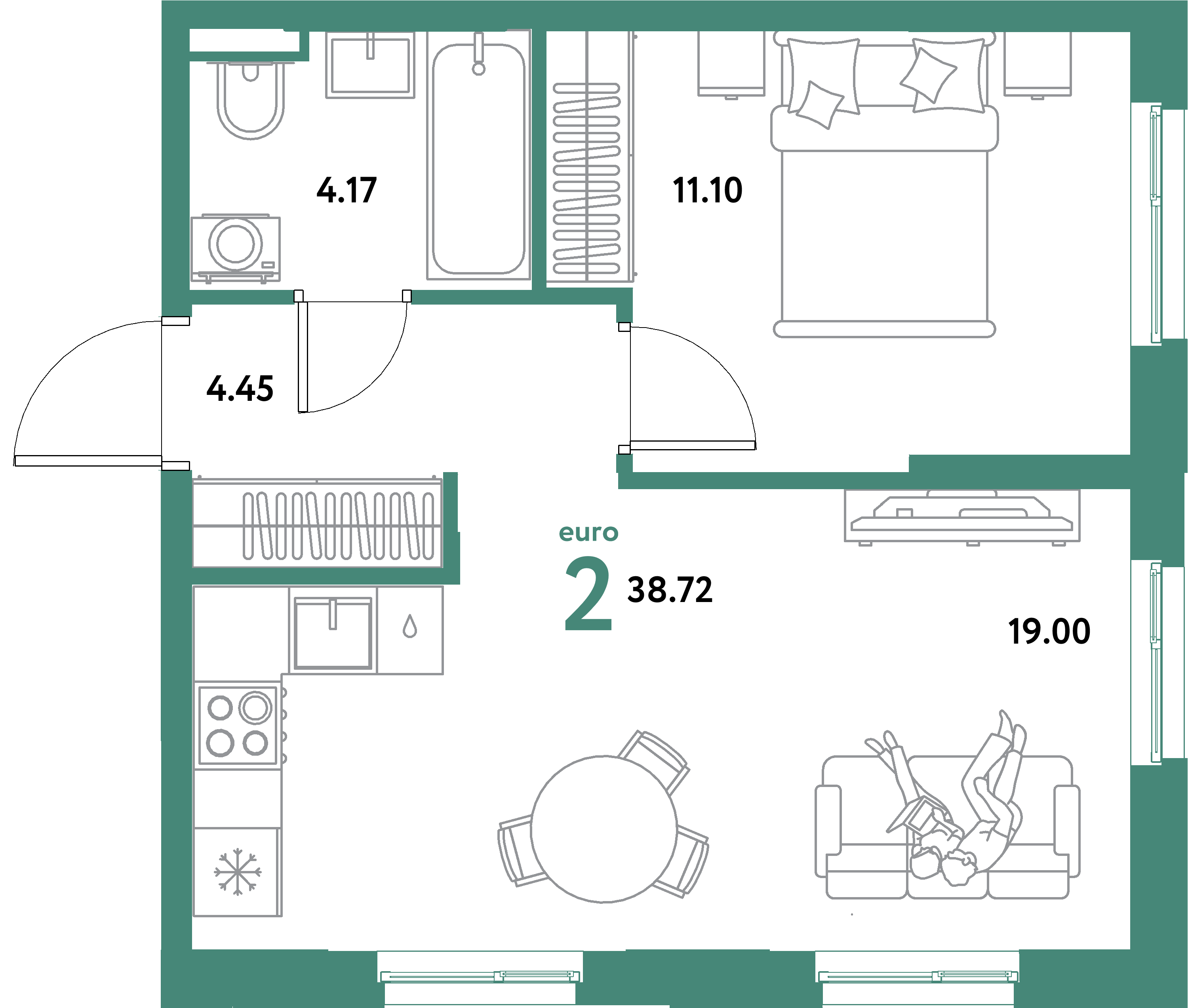 ЖК "Остров-сад"-2-комнатная 38.72 м²