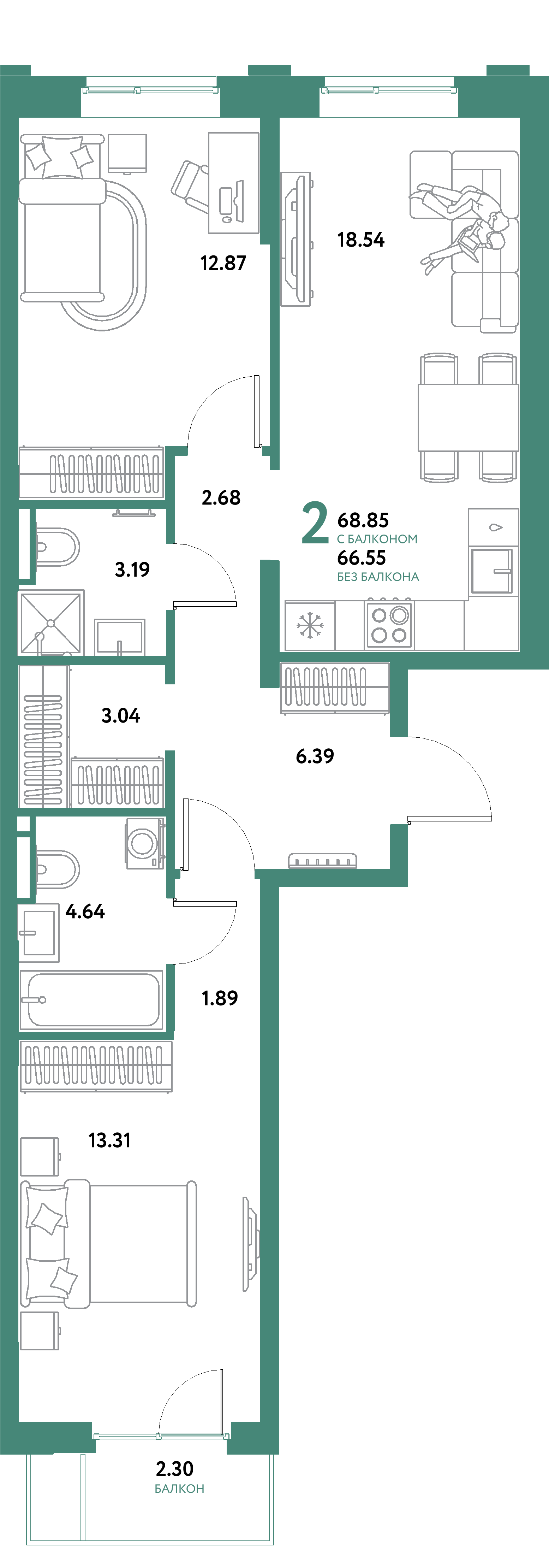 ЖК "Остров-сад"-2-комнатная 68.85 м²