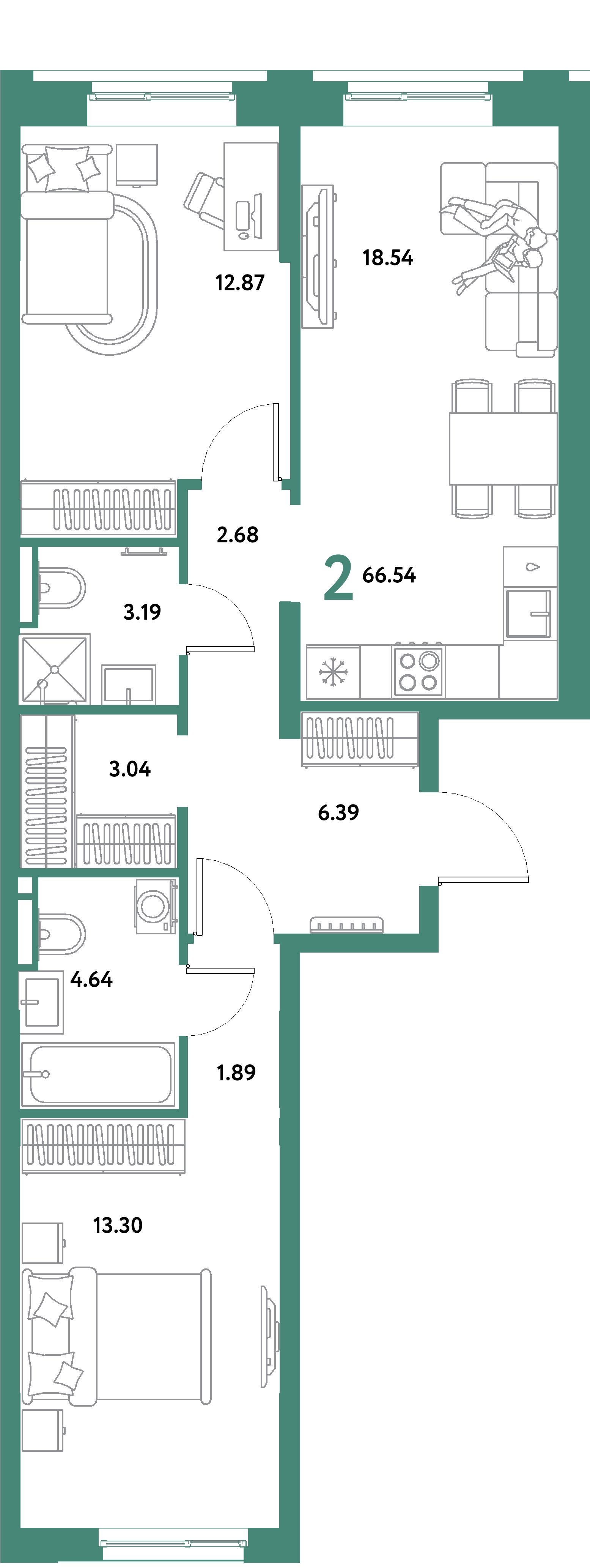 ЖК "Остров-сад"-2-комнатная 66.54 м²